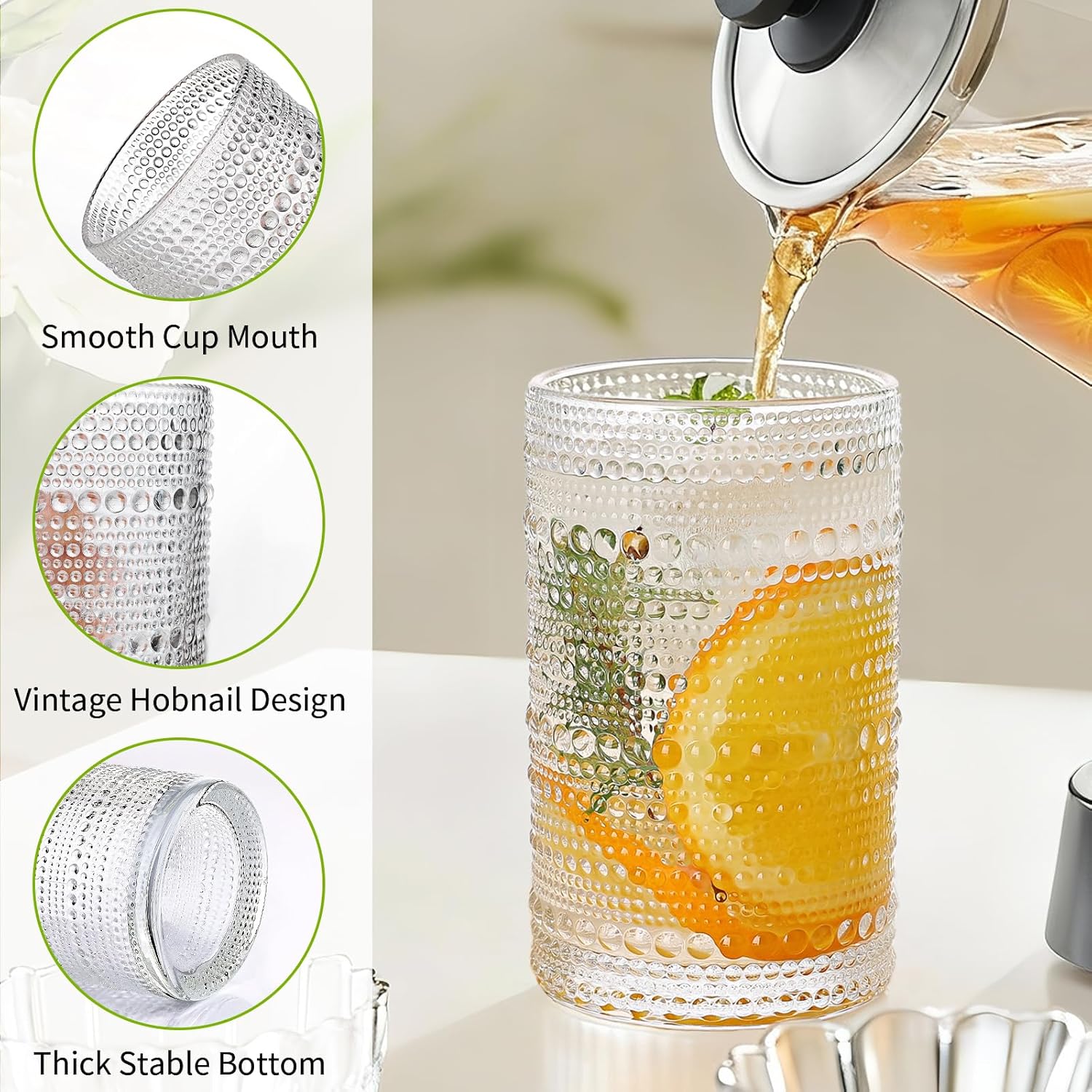 Hobnail Drinking Glasses Set of 8, 10 Oz Kitchen Water Glasses Cup & 12 Oz Vintage Cocktail Glasses Drinkware Set for Whisky, Juice, Wine, Milk - Image 3