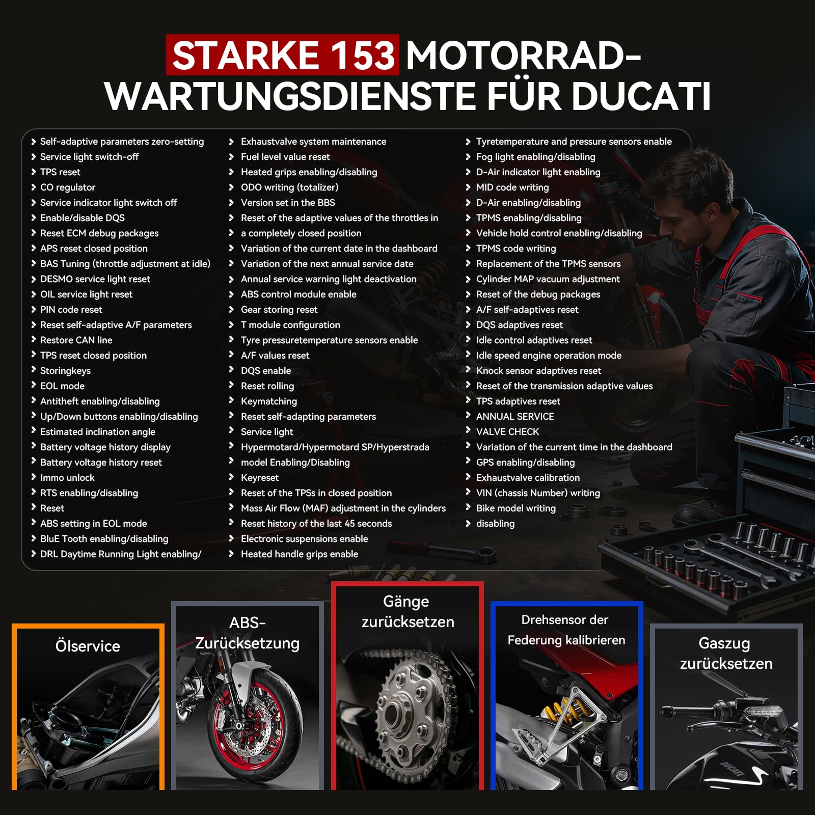 iCarsoft MT V6 Motorrad Diagnosegerät für Ducati, OBD2 Scanner, Vollsystemdiagnose, 153 Wartungsdienste, 112 Bidirektionale Tests, Fehlercodes Auslesen & Löschen, Batterietest – Aktualisierte Version