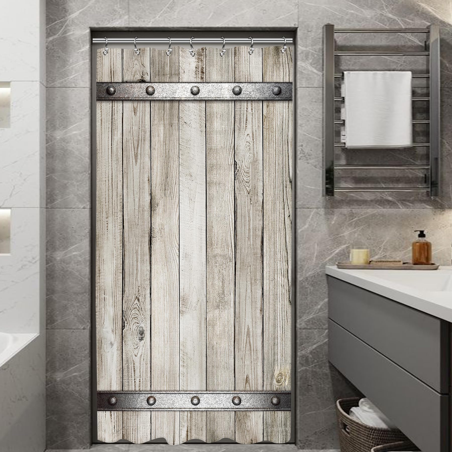 Yookeb Barn Door Wooden Stall Bathroom Shower Curtain Small Half Wood Vintage Farmhouse Country Rustic 36W by 71H Inch Polyester Fabric 12 Plastic