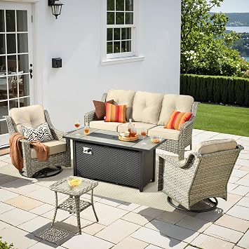 5 PCS Outdoor Patio Furniture Set with Fire Pit Table and Swivel Rocking Chairs,Patio Seating Outside Sofa and Chair Set,All Weather Wicker Outdoor Conversation Sets for Garden Deck Yard,Beige