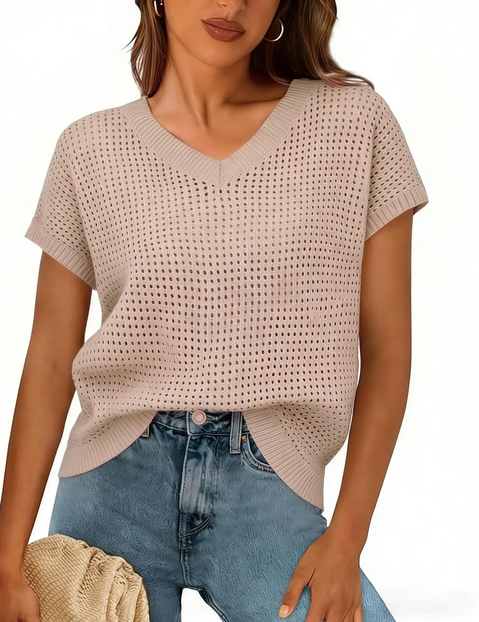 Gyabnw Damen T Shirt mit V Ausschnitt Kurze Ärmel Elegantes Sommertop mit durchbrochener Strickoptik leichte Rüschenärmel locker atmungsaktiv