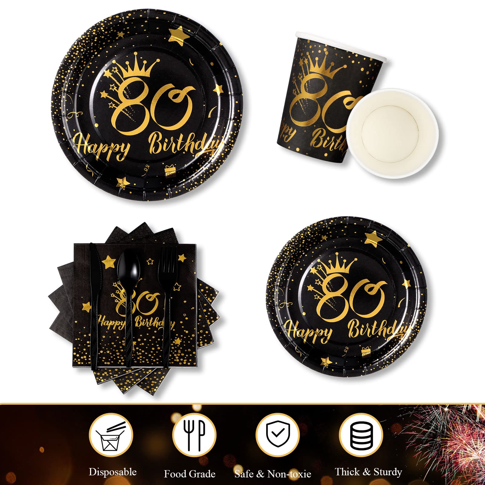 170 Pieces 80th Birthday Party Supplies Disposable Party Dinnerware Set with Plates Napkins Cups Banner 80th Birthday Tablecloth Black and Gold 80th Party Decoration for Men and Women, Serves 24