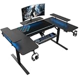 Standing Desk with Keyboard Tray&comma;U-Shaped 74 Inch Large Gaming Desk&comma;Electric Height Adjustable Music Studio Desk w LED Convertible Shelves