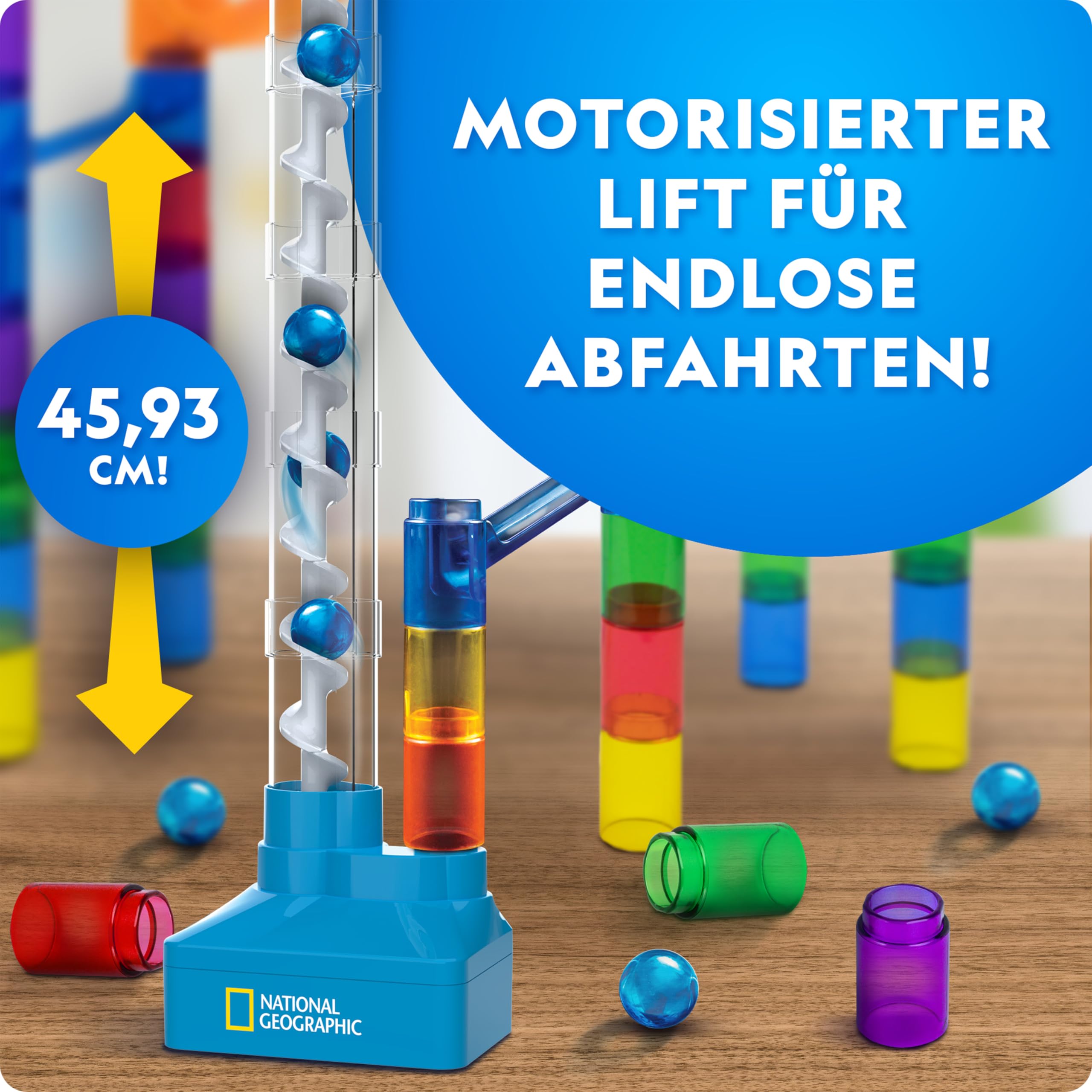 Blue Marble NATIONAL Geographic Murmelbahn mit Motoraufzug – 150-teiliges Set mit motorisierter Spirale, 30 Glasmurmeln, Aufbewahrungstasche & Zubehör, Endlosschleifen-Spiel, Mint-Bausatz für Kinder