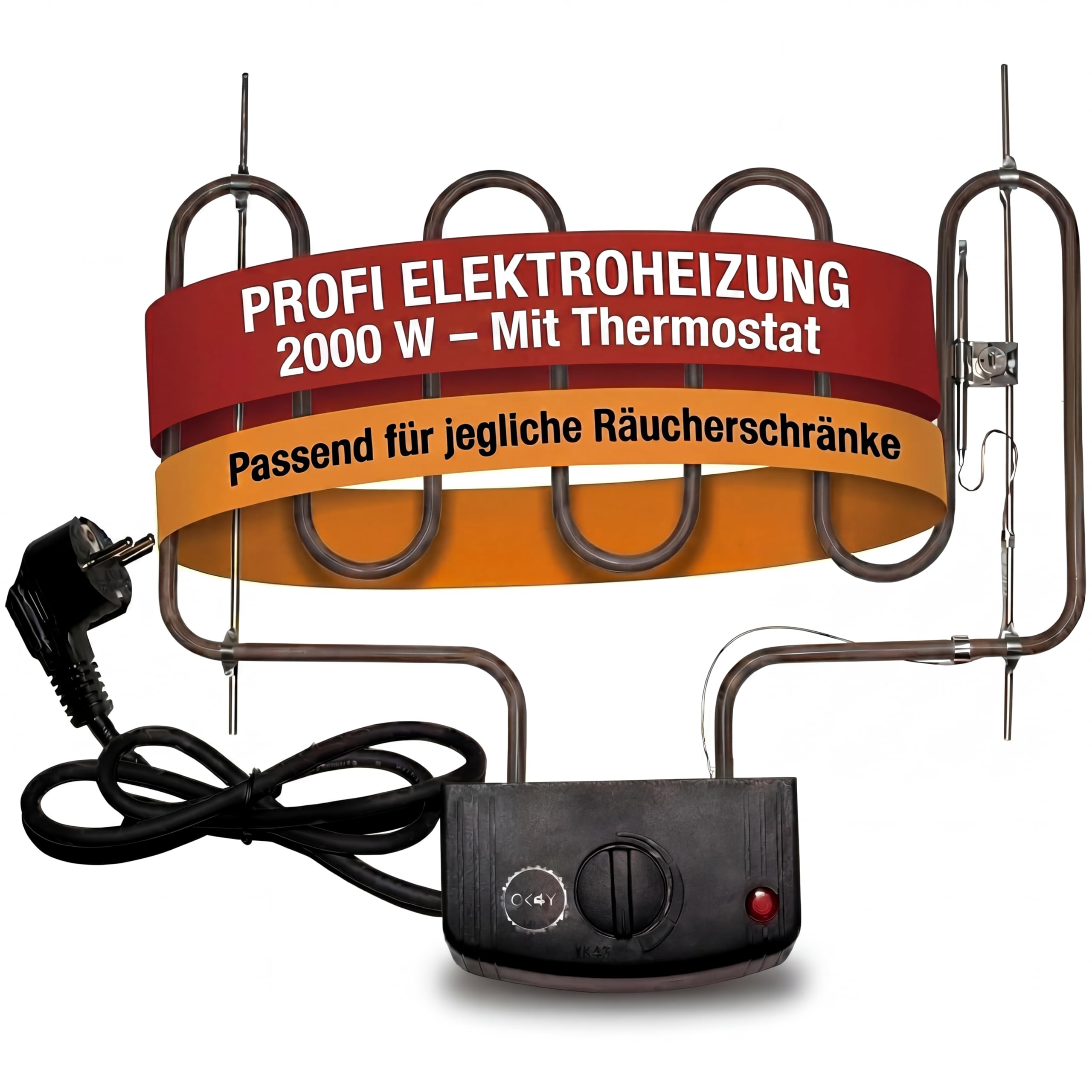 Räucherofen Elektroheizung 2000 W mit Thermostat – Heizspirale zur präzisen Temperaturregelung für Räucherschrank & Smoker, universelle Heizschlange kompatibel mit vielen Herstellern
