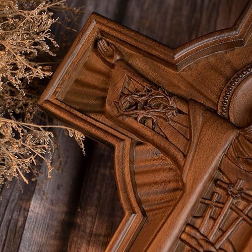 Miniatura 5 de BGCOPPER Crucifijo de pared hecho a mano, crucifijo católico de madera para decoración del hogar, artesanía cristiana, regalo de Jesús, cruz de