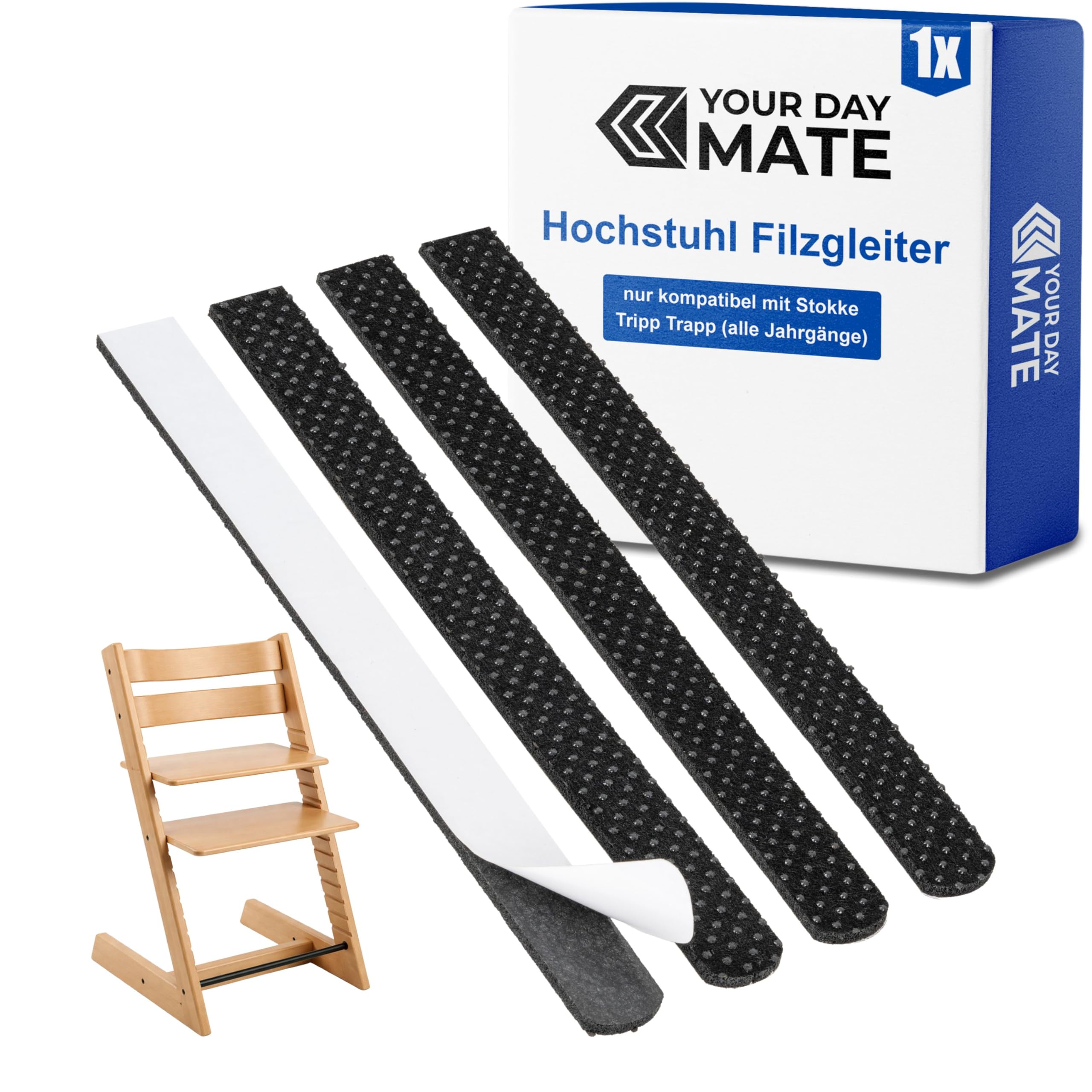 Filzgleiter mit Noppen für Hochstuhl, 1 Set, kompatibel mit STOKKE Tripp Trapp Kinderhochstuhl, in Schwarz, zum Kleben, 486 x 22 mm Größe je Bein, Filz Gleiter Pad Stuhlbein, Babystuhl Bodenschoner