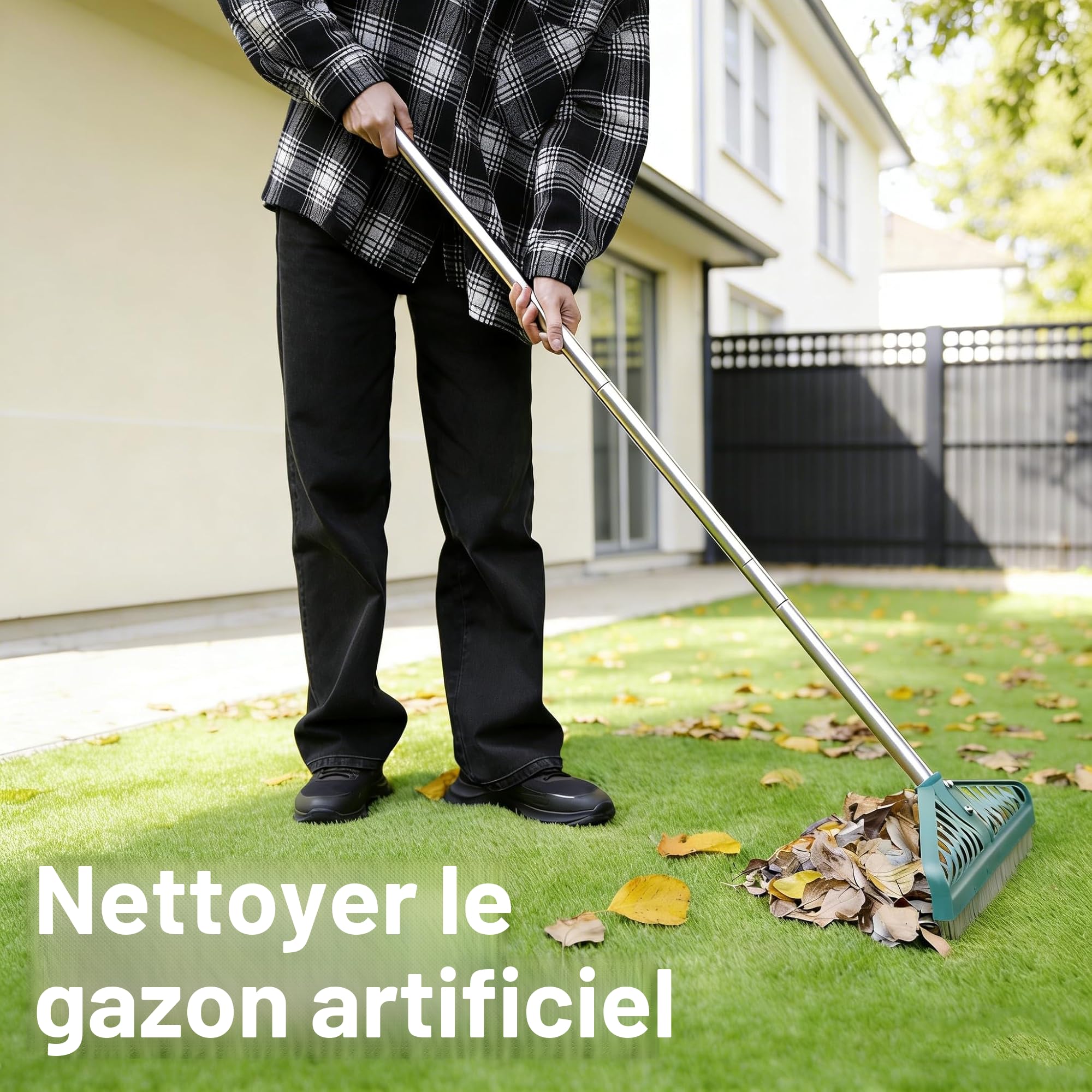 YEELOR Râteau à Gazon Artificiel avec poignée en Acier réglable de 81,3 à 155,3 cm, râteau à Gazon Artificiel Durable, Brosse à Gazon pour Nettoyer Les Poils d'animaux, Les Grandes Feuilles mortes et