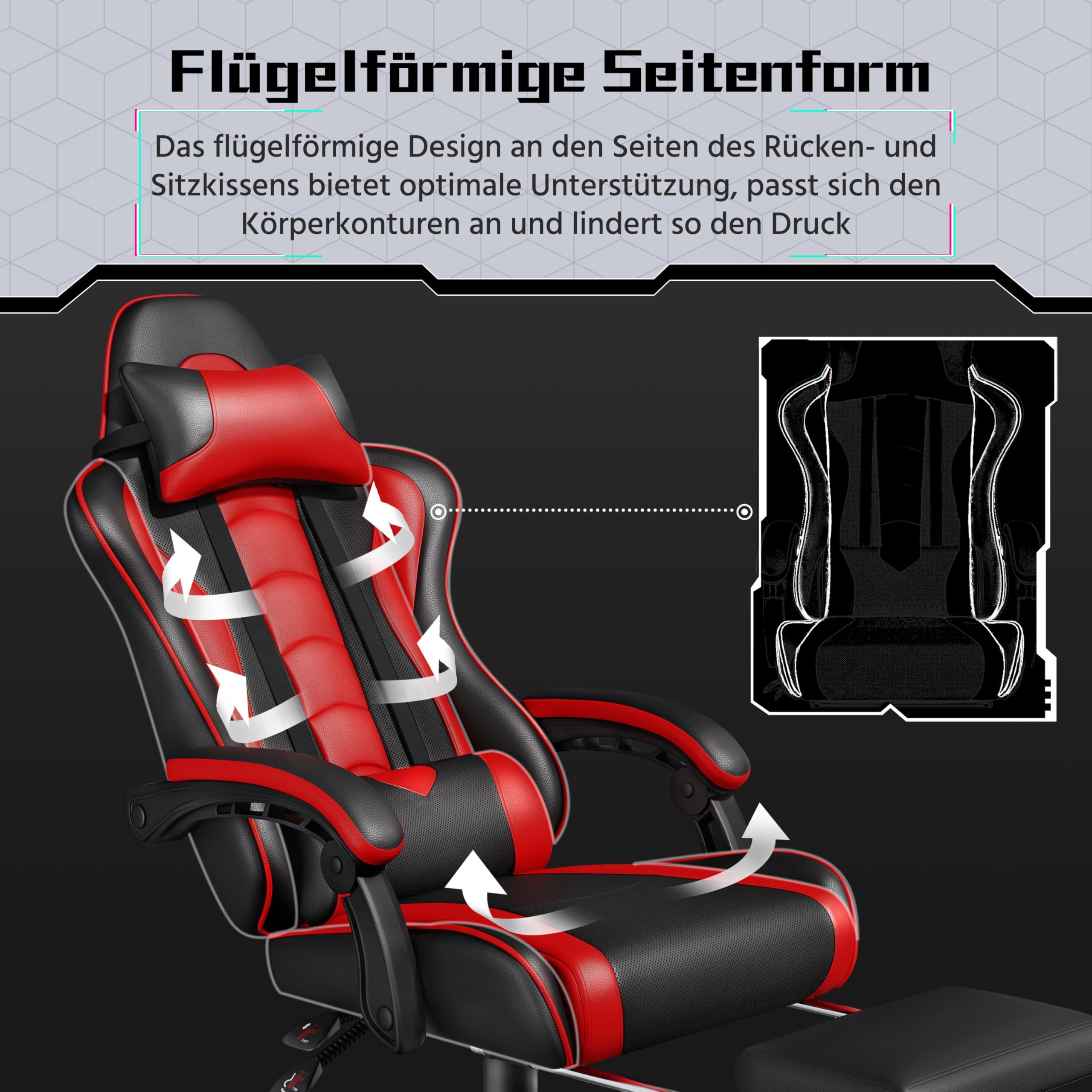 Yaheetech Gaming Stuhl Ergonomischer Gaming Sessel mit Massagefunktion Computerstuhl mit Fußstütze Bürostuhl 90-135° Rückenlehne verstellbar Gamer Stuhl für für Homeoffice und Gaming Rot – Bild 8