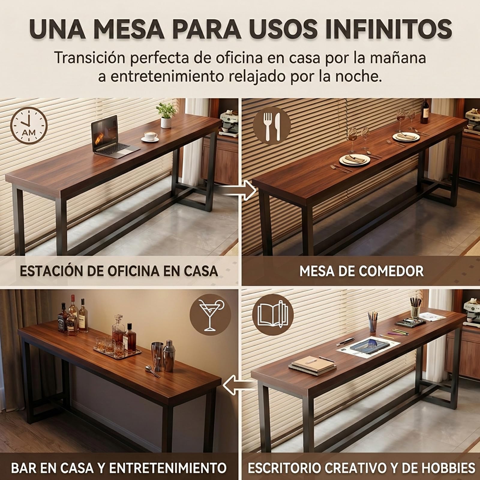 Barra Cocina Mesa Alta, Madera y Metal, para Hogar o Cafetería