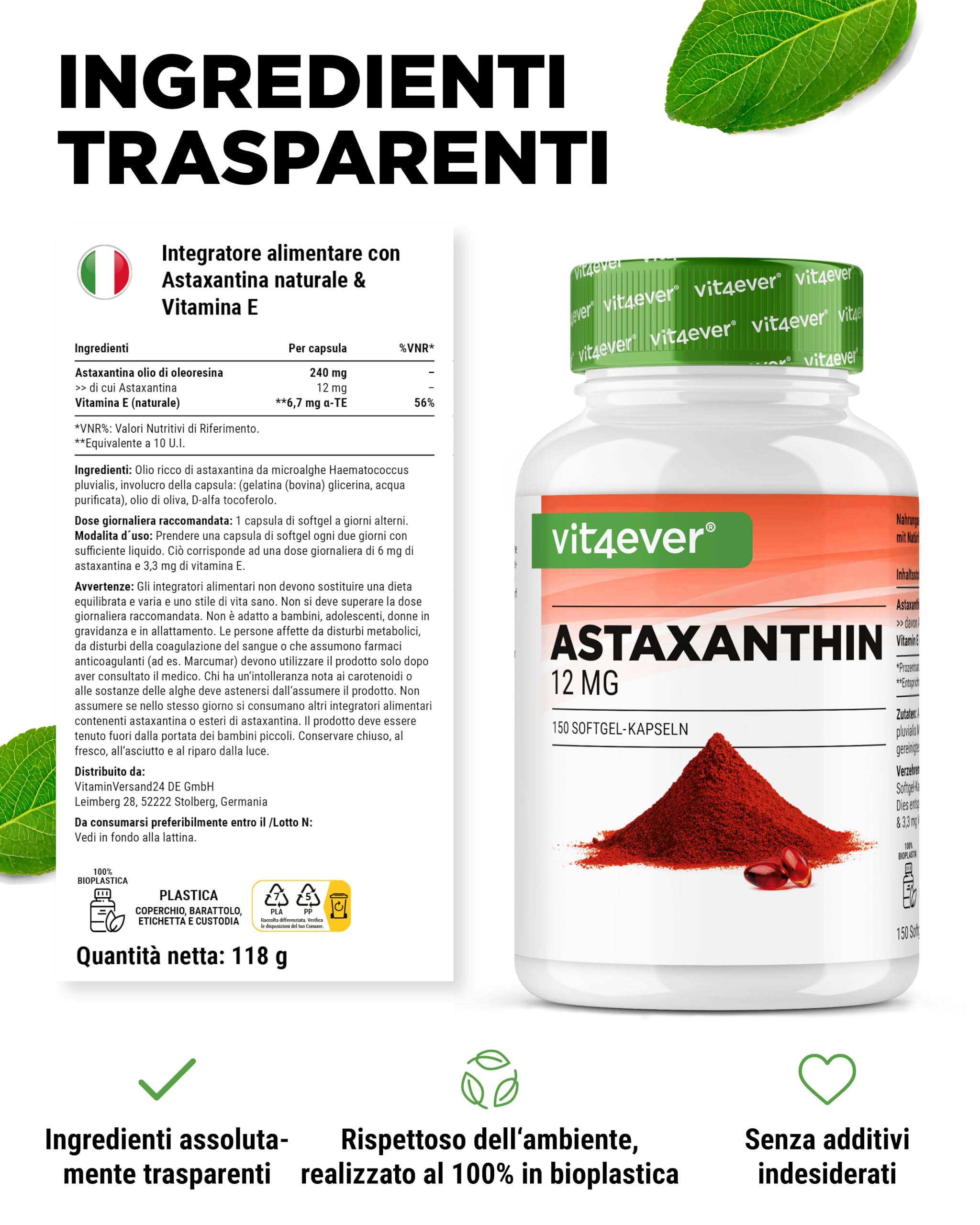 Astaxantina 12 mg - 150 capsule softgel (scorta 10 mesi) - Premium: vera astaxantina da microalga Haematococcus pluvialis pura - Ottimizzata con vitamina E e olio d’oliva