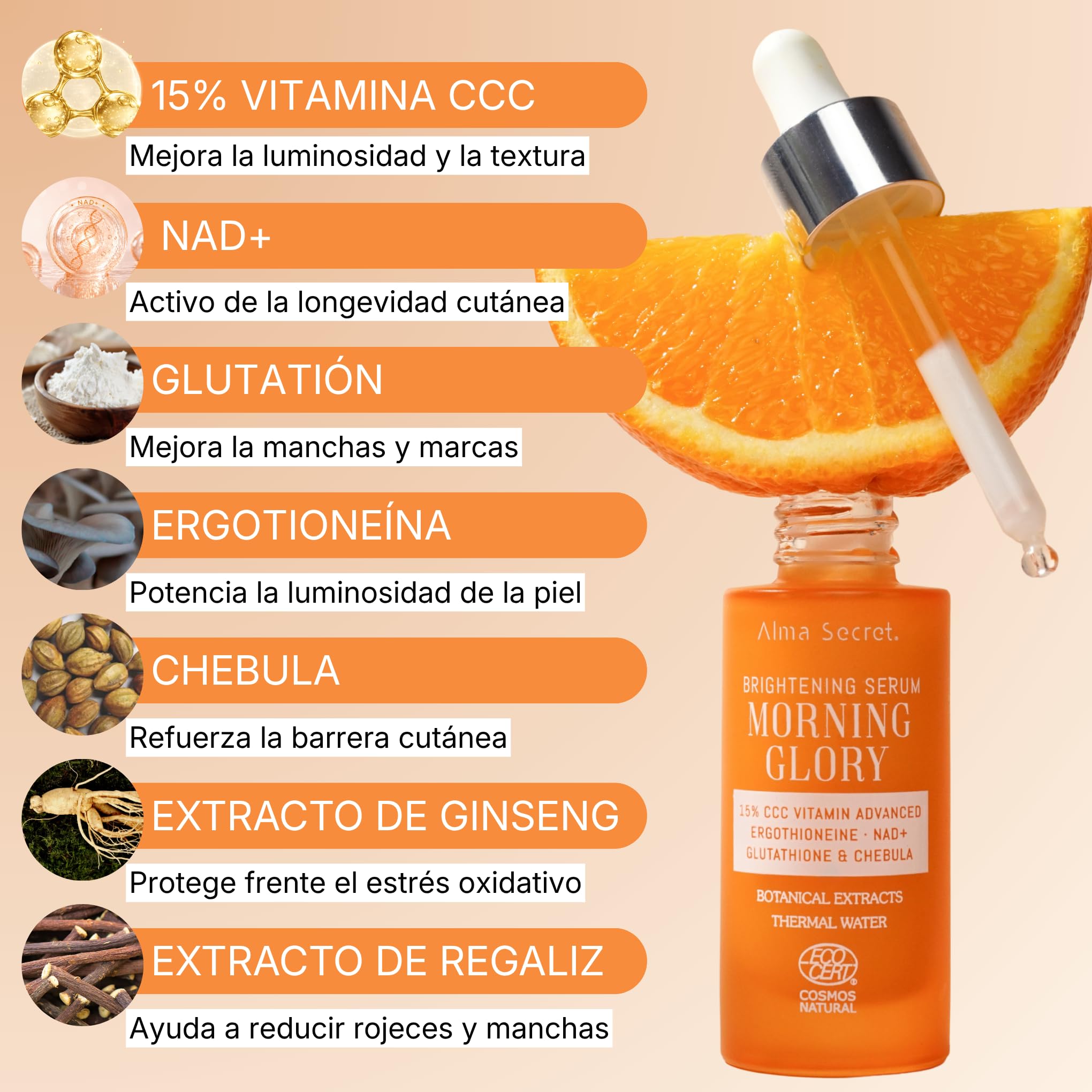 Alma Secret Morning Glory Brightening Serum | Gesichtsserum mit 15 % fortschrittlichem Dreifach-Vitamin C und NAD+ | Hochleistungsbehandlung, die die Ausstrahlung verbessert und Flecken behandelt
