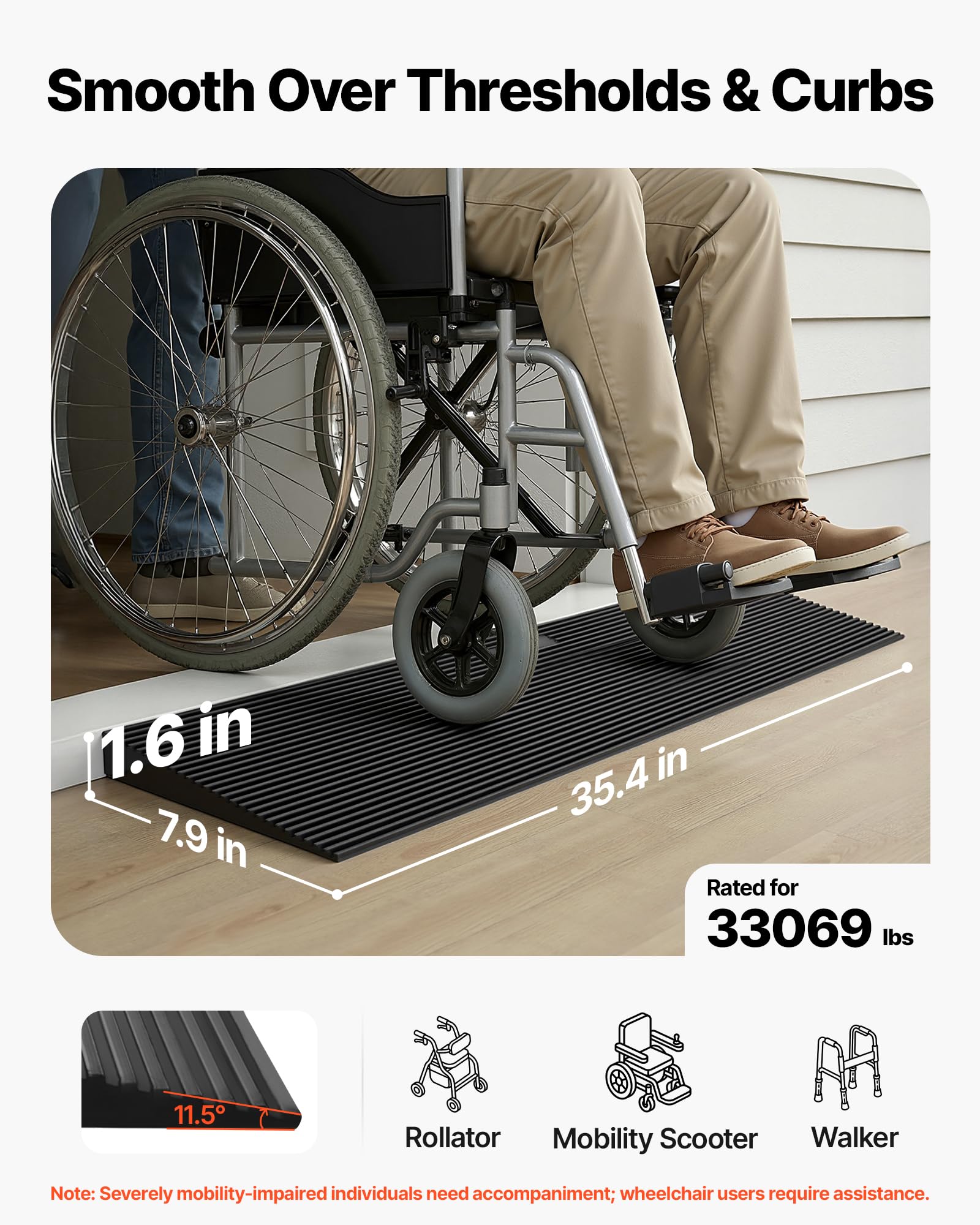 VEVOR Rampa progowa wysokość 4 cm rampa do cięcia gumy, obciążenie 15 t, rampa dostępu do wózków inwalidzkich, szerokość 90 cm, antypoślizgowa, dwustronna taśma samoprzylepna do drzwi łazienkowych