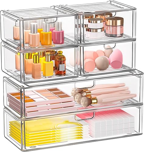 Miniatura 8 de Juego de 6 cajones de almacenamiento de acrílico, organizador de maquillaje transparente, cubos organizadores de plástico para suministros de