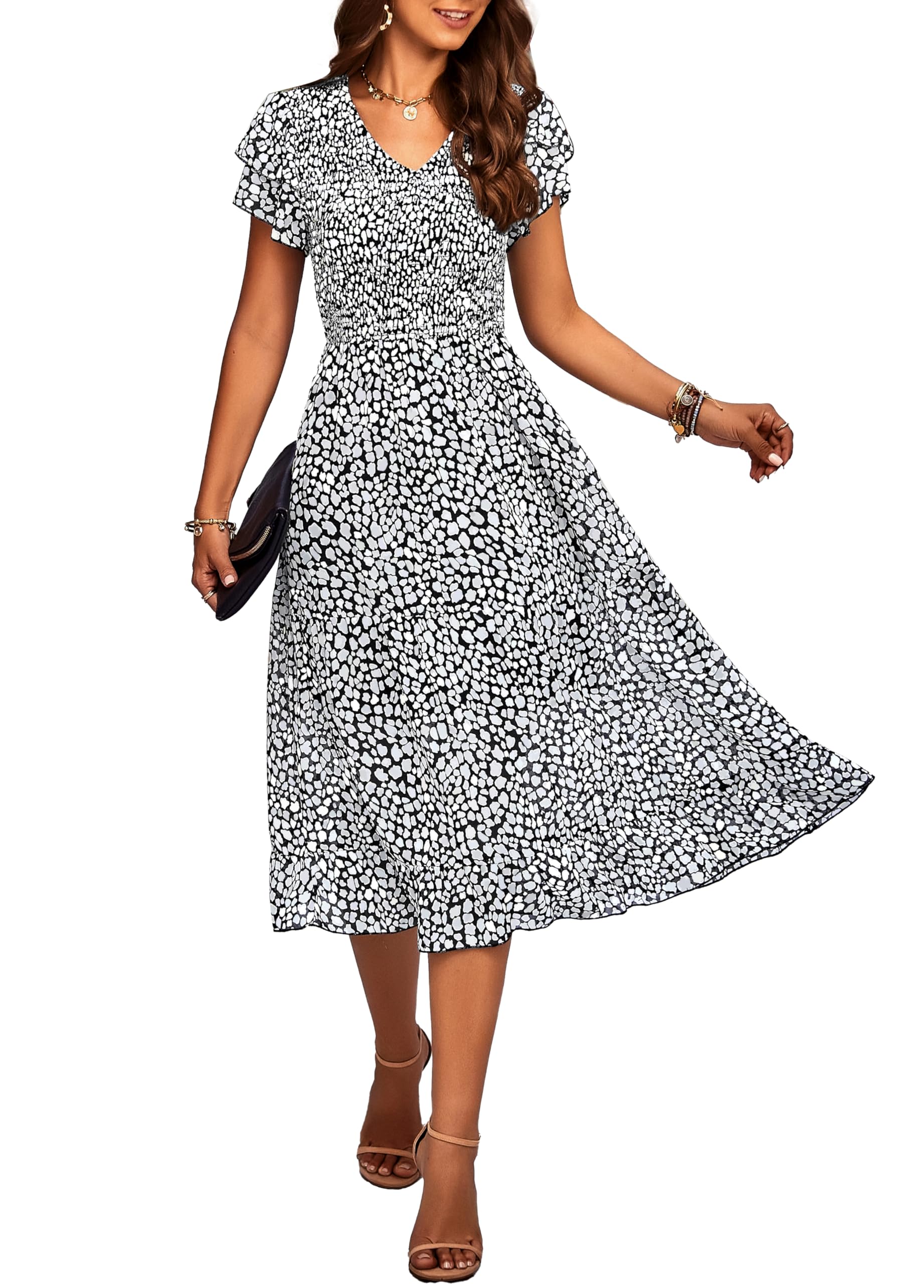 BTFBM Women Casual Summer Short Ruffles Tiered Sleeve Smocked Midi Dresses Bohemian Floral V Neck Wedding Guest Long Dresses