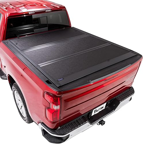TACTIK Cubierta Tonneau de aluminio de perfil bajo de tres pliegues para caja de camioneta, compatible con Toyota Tundra 2014-2021 con caja de 6.5
