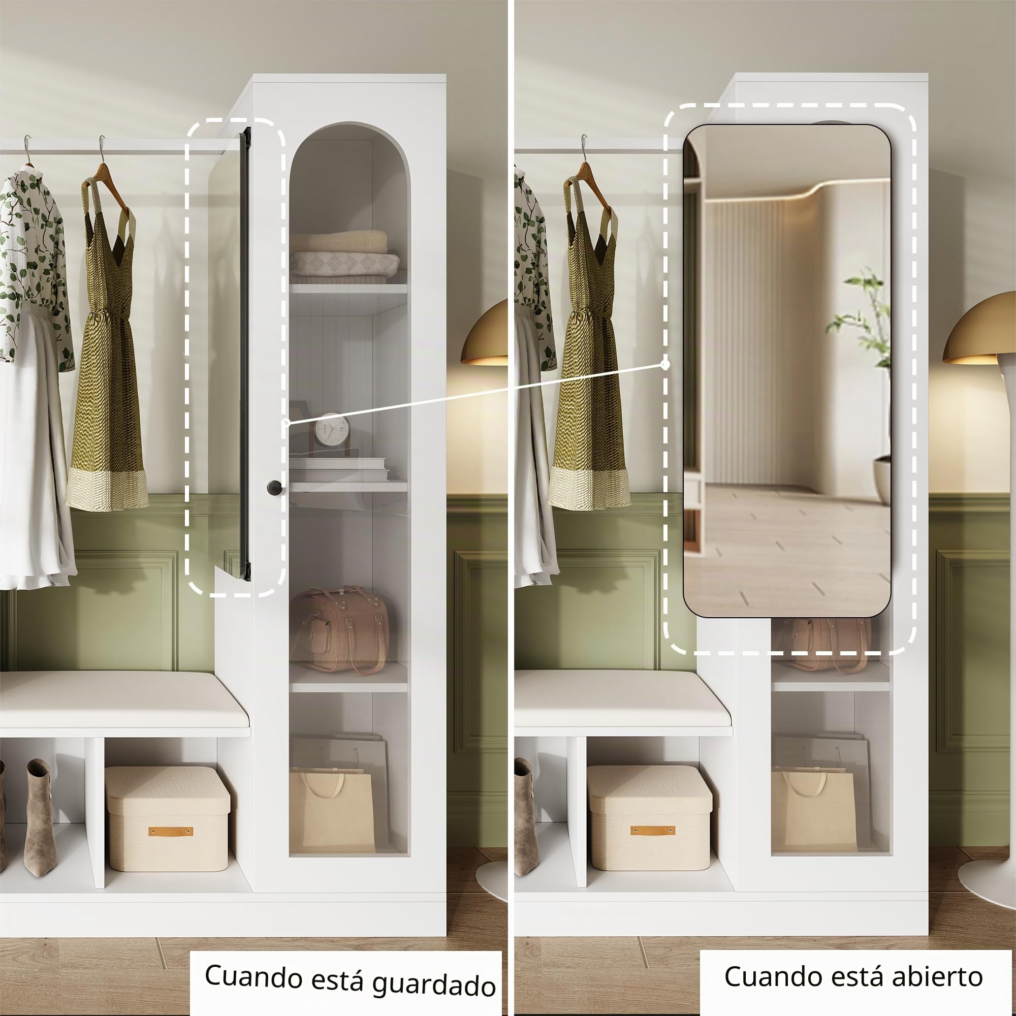 LAKFEW 6 en 1 Juego de Perchero, Perchero Entrada Recibidor con Espejo y Luz LED, Conjunto de Mueble Recibidor Mueble Entrada Percheros con 3 Cajones y 2 Puertas, 163x35x161 cm, Blanco