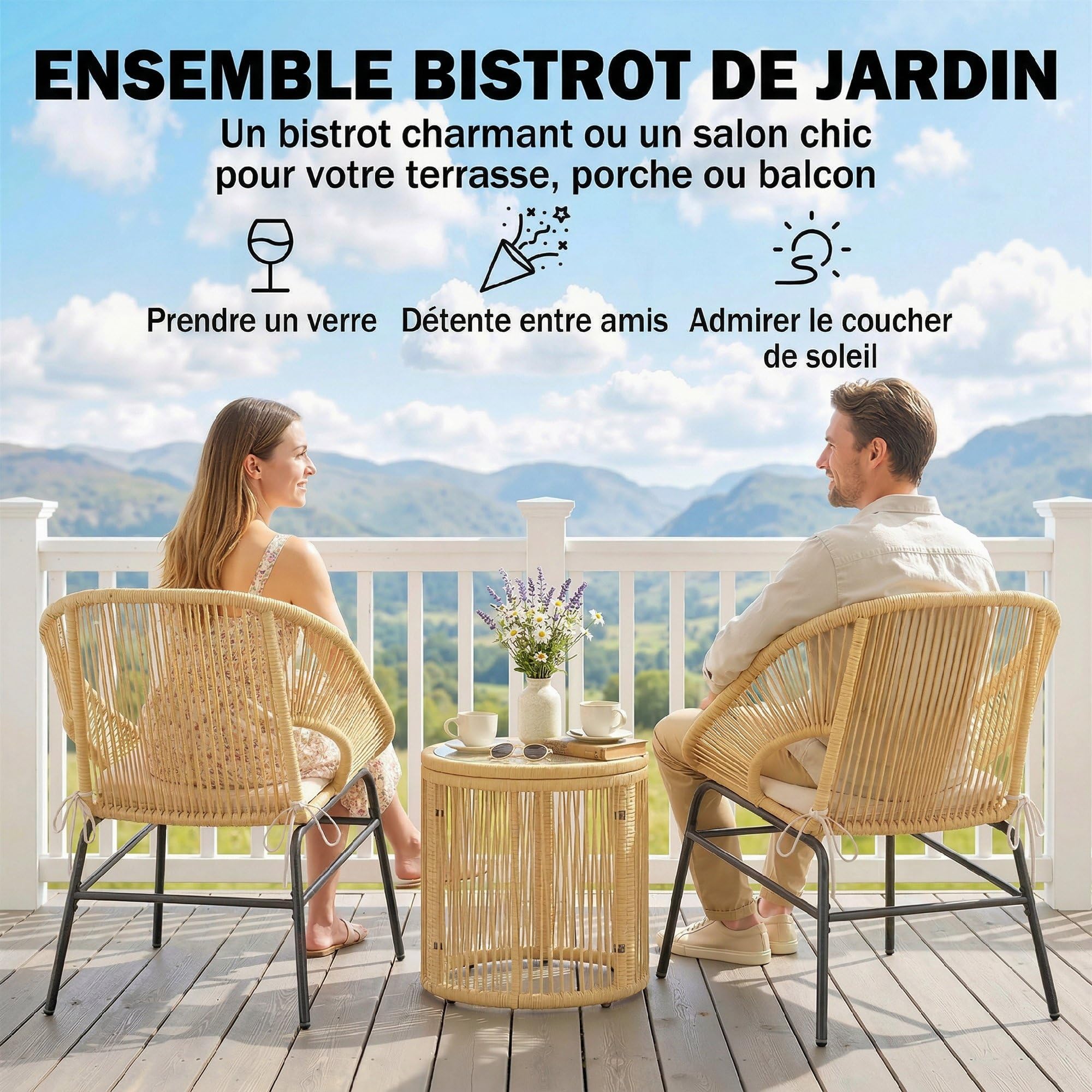 Outsunny Ensemble Bistro 3 Pièces Résine Tressée Salon Balcon 2 Fauteuils Table Verre Trempé Beige