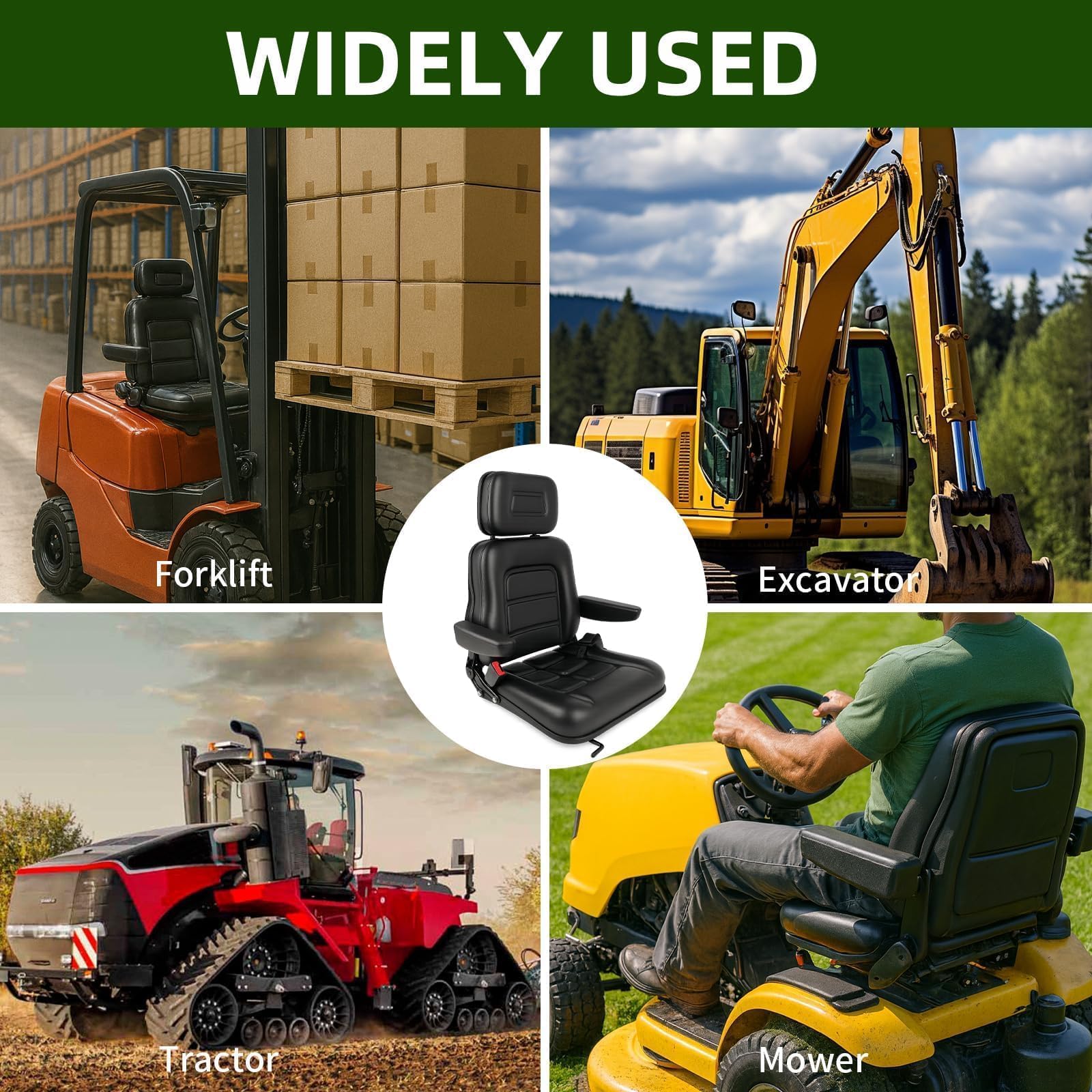 Universal Adjustable Forklift Seat, Tractor Seat with Armrest Headrest and Automatic Seatbelt, 26-27.5 In Height Adjustable Waterproof Loader Forklift Seat for Garden Tractor, Bucket, Excavator — view 7