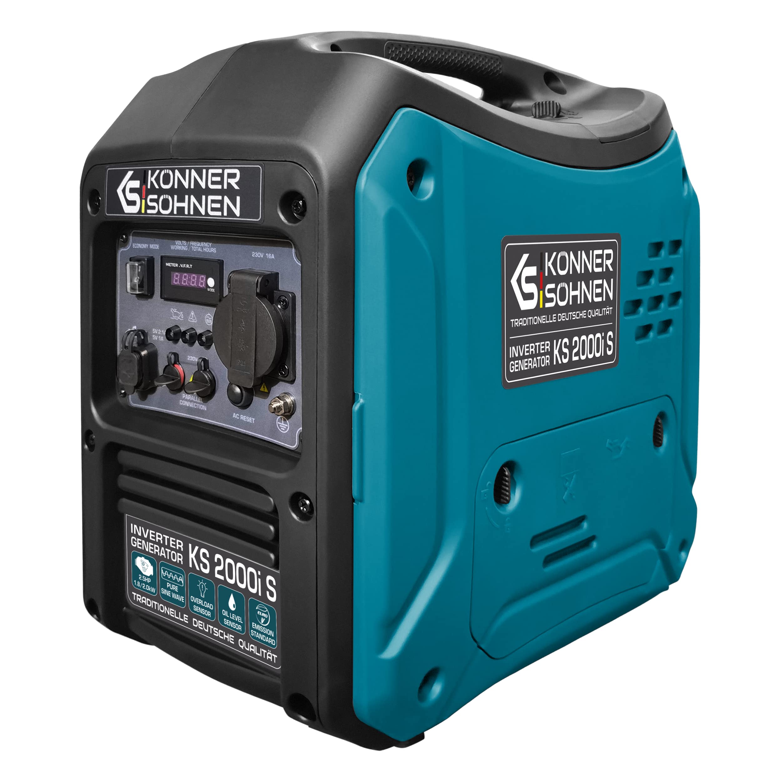 Könner&Söhn KS 2000i S - Generador de inversor 2000 W,(64 dB Lpa 7 m), 1 x 16 A (230 V), 2 puertos USB, bobinado de cobre, protección contra cortocircuitos y sobrecargas, alternador síncrono
