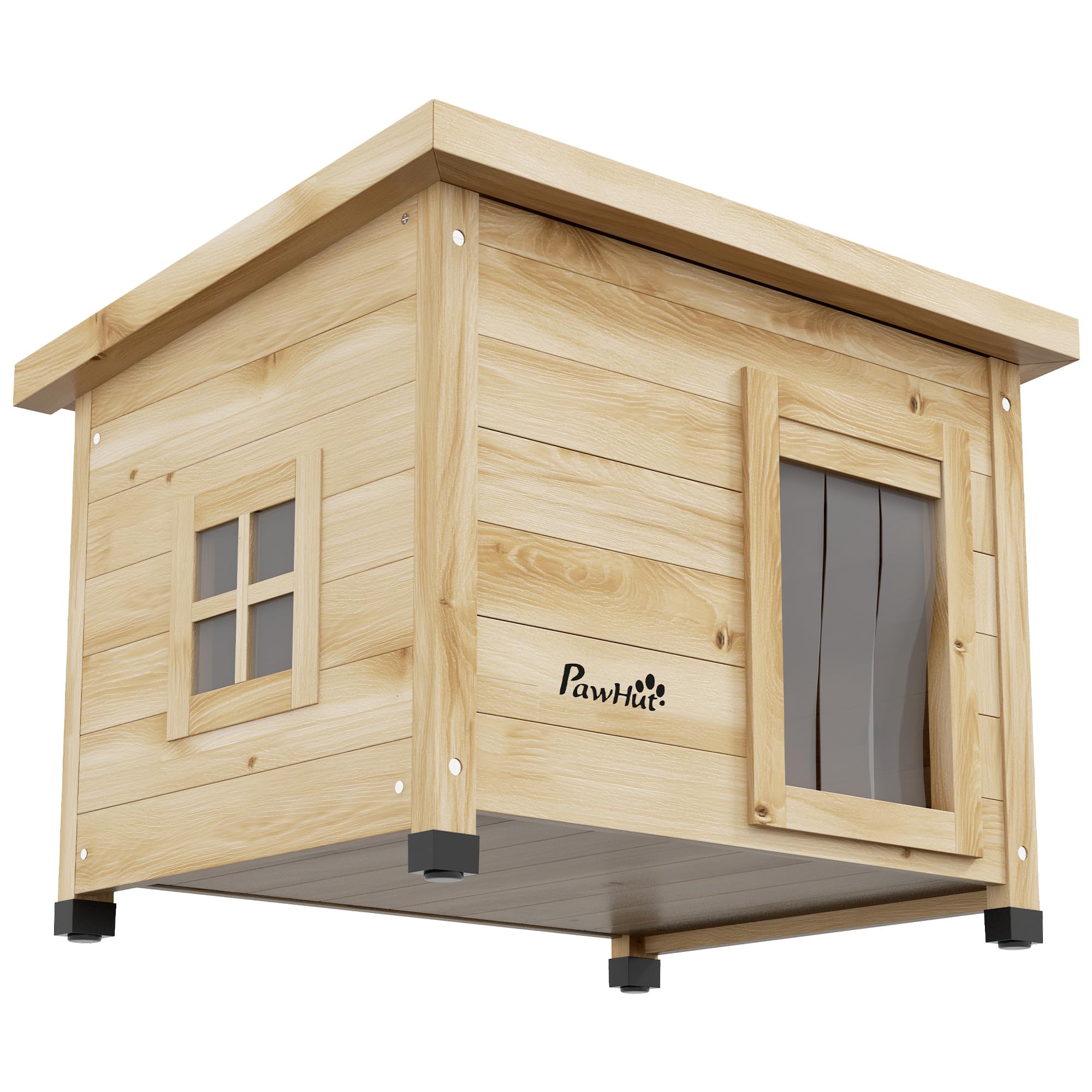 PawHut Maison pour Chats Niche d'extérieur en Bois surélevée avec Toit Asphalte, Porte avec Rideau, fenêtre, 57 x 45 x 43 cm Jaune