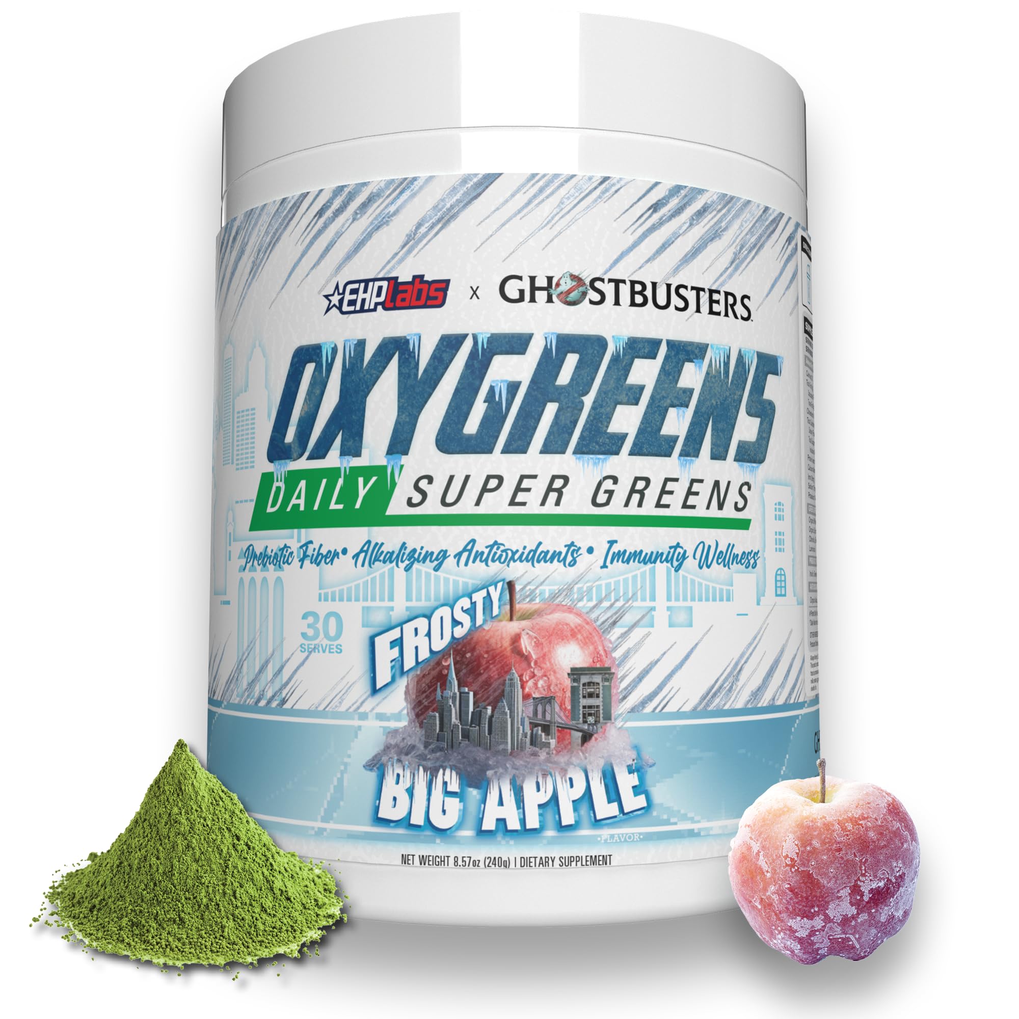 EHP Labs x Ghostbusters OxyGreens Super Greens Powder - Spirulina & Chlorella Superfood, Green Juice Powder with Prebiotic Fibre, Antioxidants & Immunity Support, 30 Serves (Frosty Big Apple)