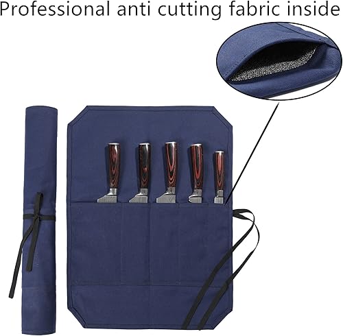 Miniatura 3 de Denifiter Bolsa para cuchillos de chef con 5 ranuras, rollo de cuchillo de lona de cera con tela profesional anti corte en el interior (azul-uno)