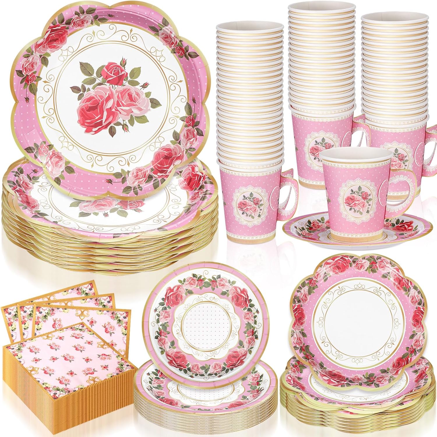 Honeydak 250 Pcs Floral Tea Party Disposable Cups and Saucers Set with 50 Guests Floral Tea Cups, 9' & 7' Plates, Saucers & Napkins for Garden, Birthday, Wedding