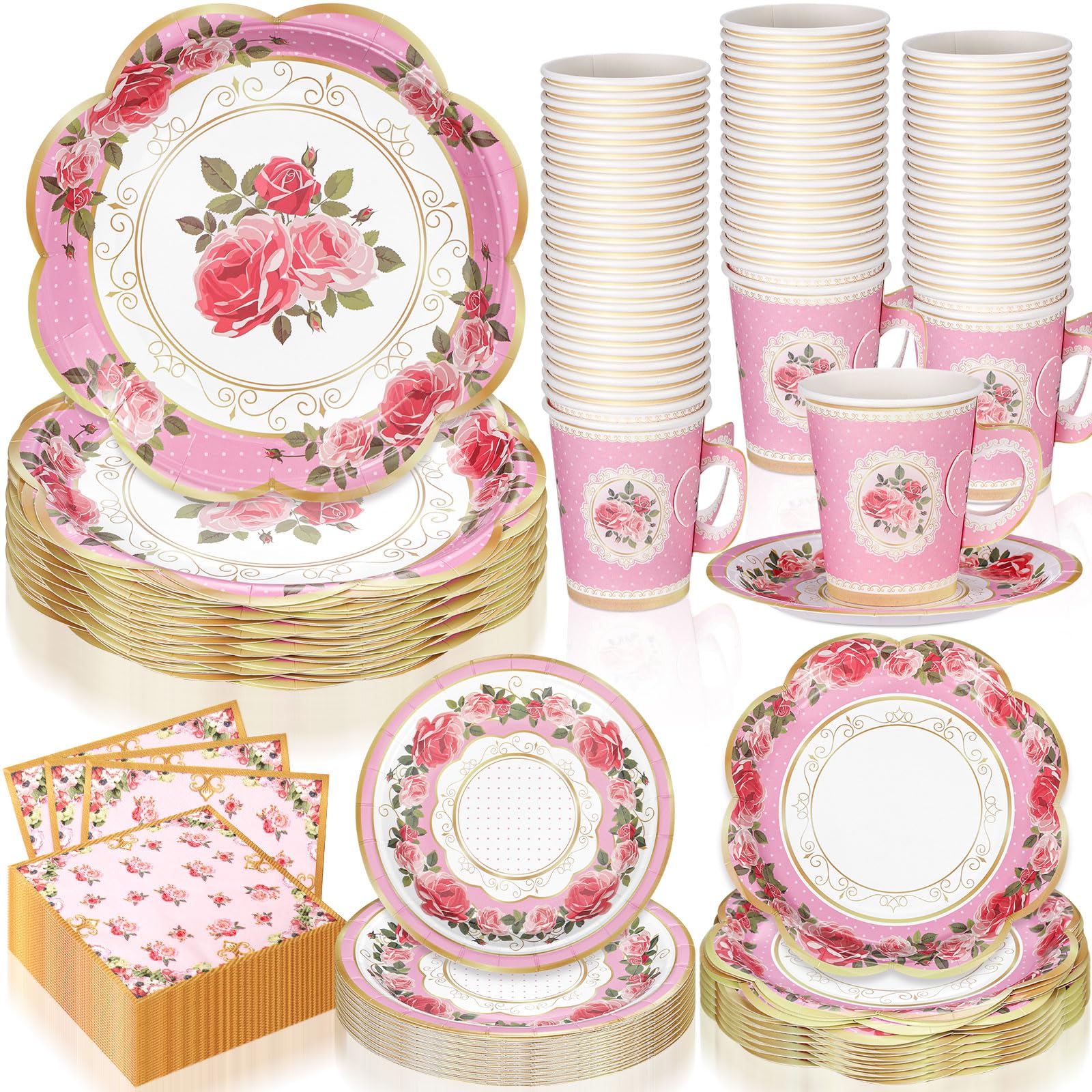 Honeydak 250 Pcs Tea Party Disposable Cups and Saucers Set Floral Tea Party Supplies 50 Guests Floral Tea Cups with Handle 9” 7” Floral Tea Paper Plates Saucers Napkins for Garden Birthday Wedding