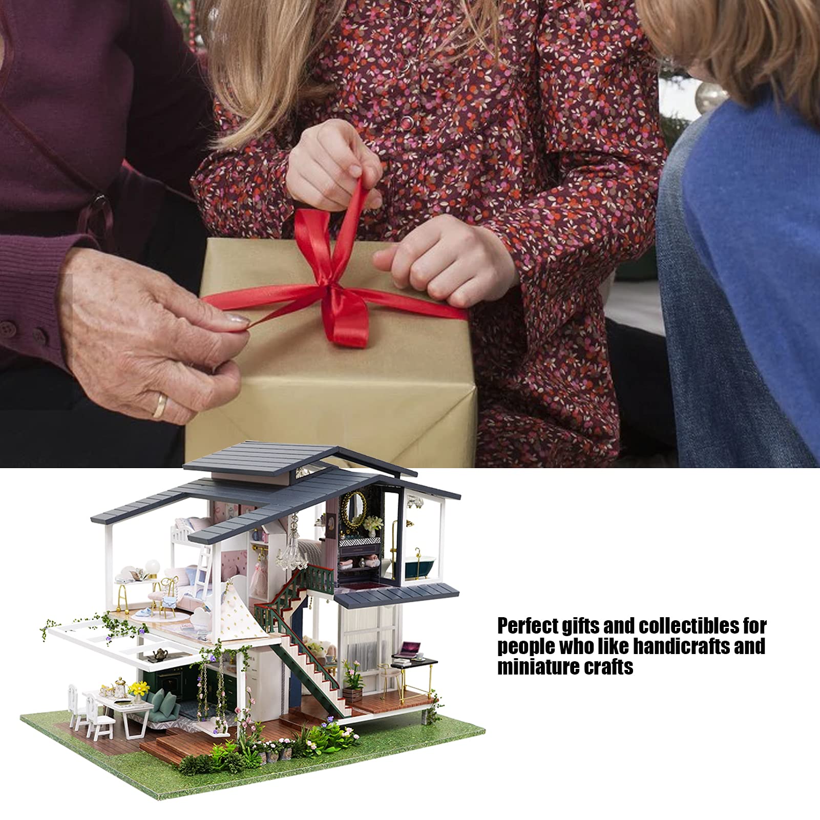 Diyeeni Romantyczny Drewniany Domek dla Lalek Miniaturowy 3D Zestaw do Samodzielnego Budowania w Skali 1:24 Trzypiętrowa Willa z Oświetleniem LED, Rękodzieło na Prezent dla Dorosłych