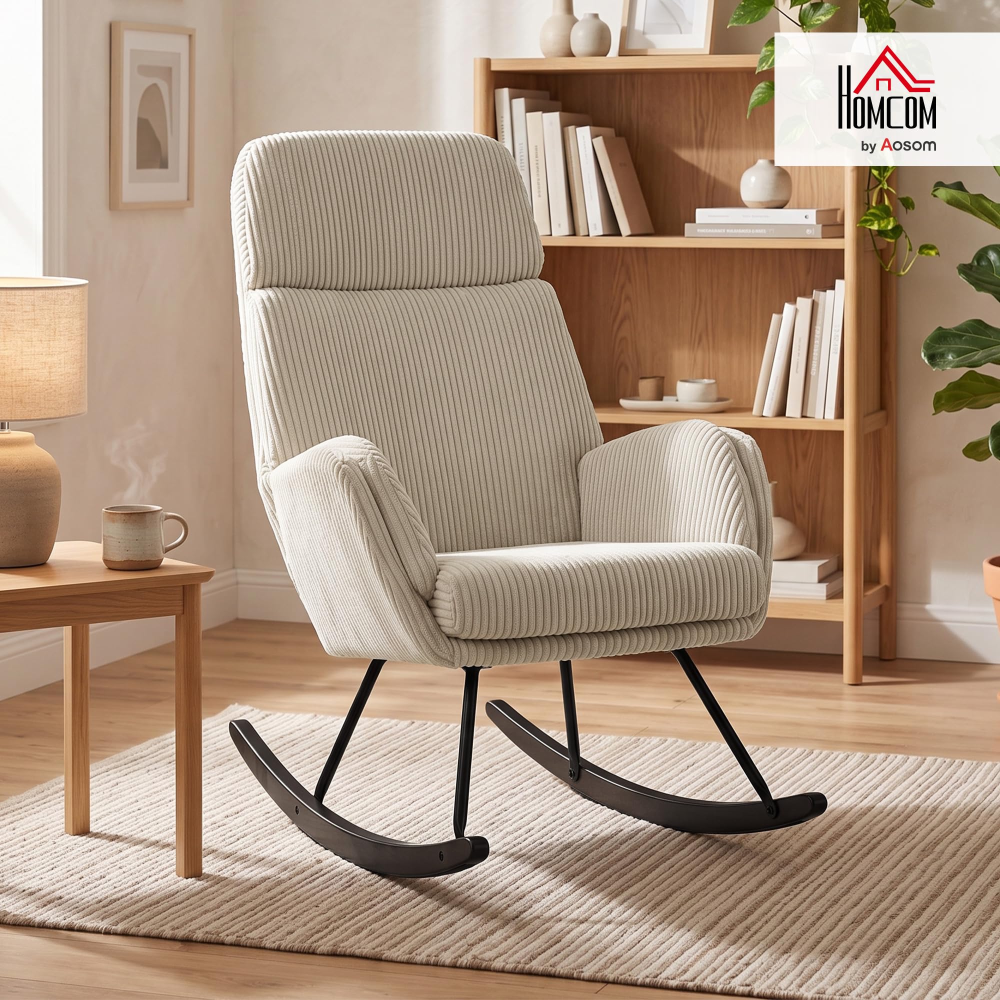 HOMCOM Sedia a Dondolo in Velluto a Coste con Schienale Alto, Beige
