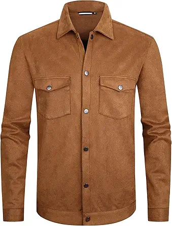 Alex Vando Mens Suede Shirt Jackets Long Sleeve Two Pockets Snap Casual Button Down Shirts