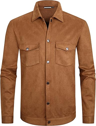 Alex Vando Mens Suede Shirt Jackets Long Sleeve Two Pockets Snap Casual Button Down Shirts