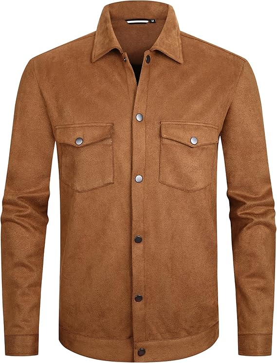 Alex Vando Mens Suede Shirt Jackets Long Sleeve Two Pockets Snap Casual Button Down Shirts