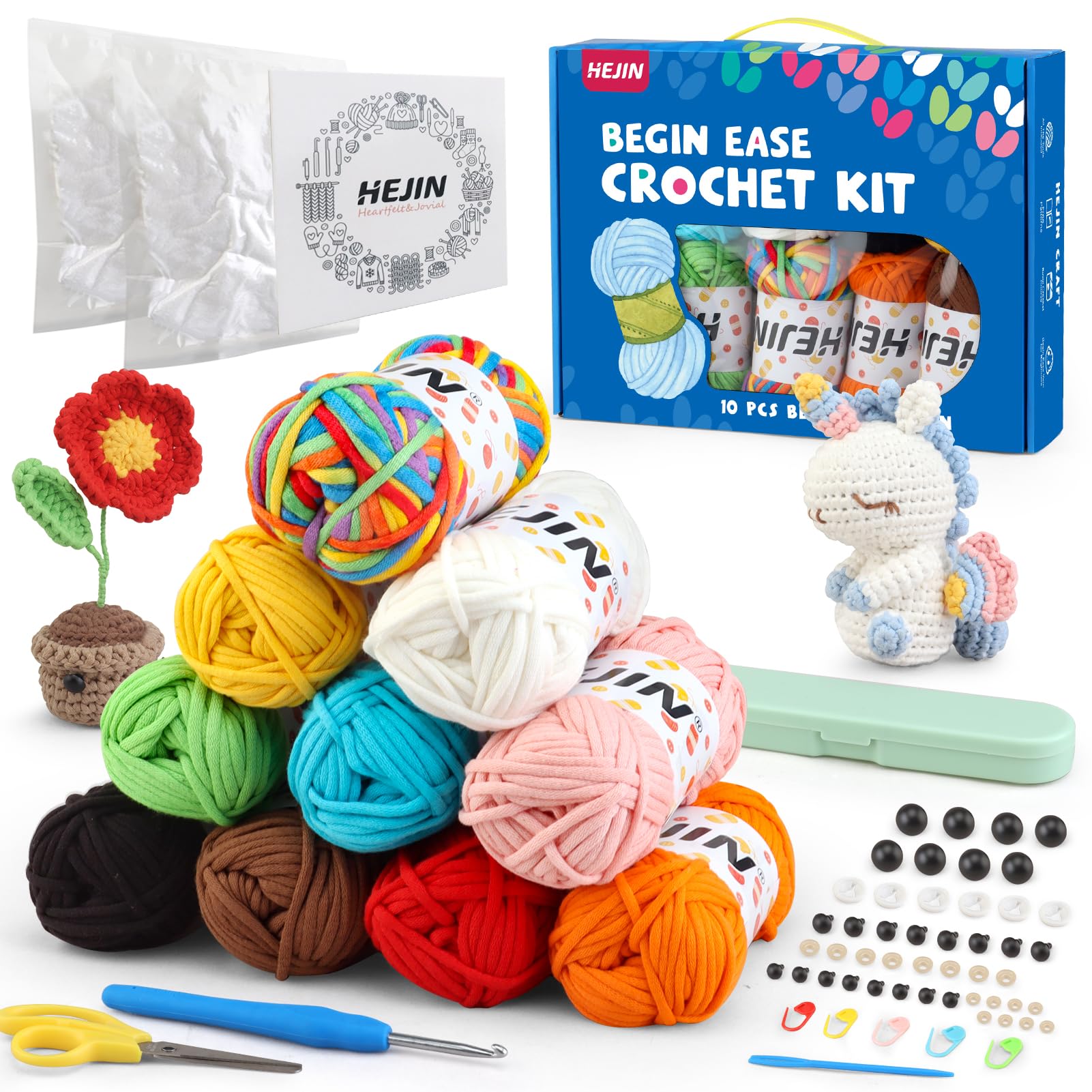 HEJIN 10x50g Yarn Gift Set for Crocheting and Knitting; Cotton Yarn with Crochet Tools for Crocheting; Yarn for Beginners Crochet Kit Making; Great for Christmas, Birthdays for Crochet Lovers