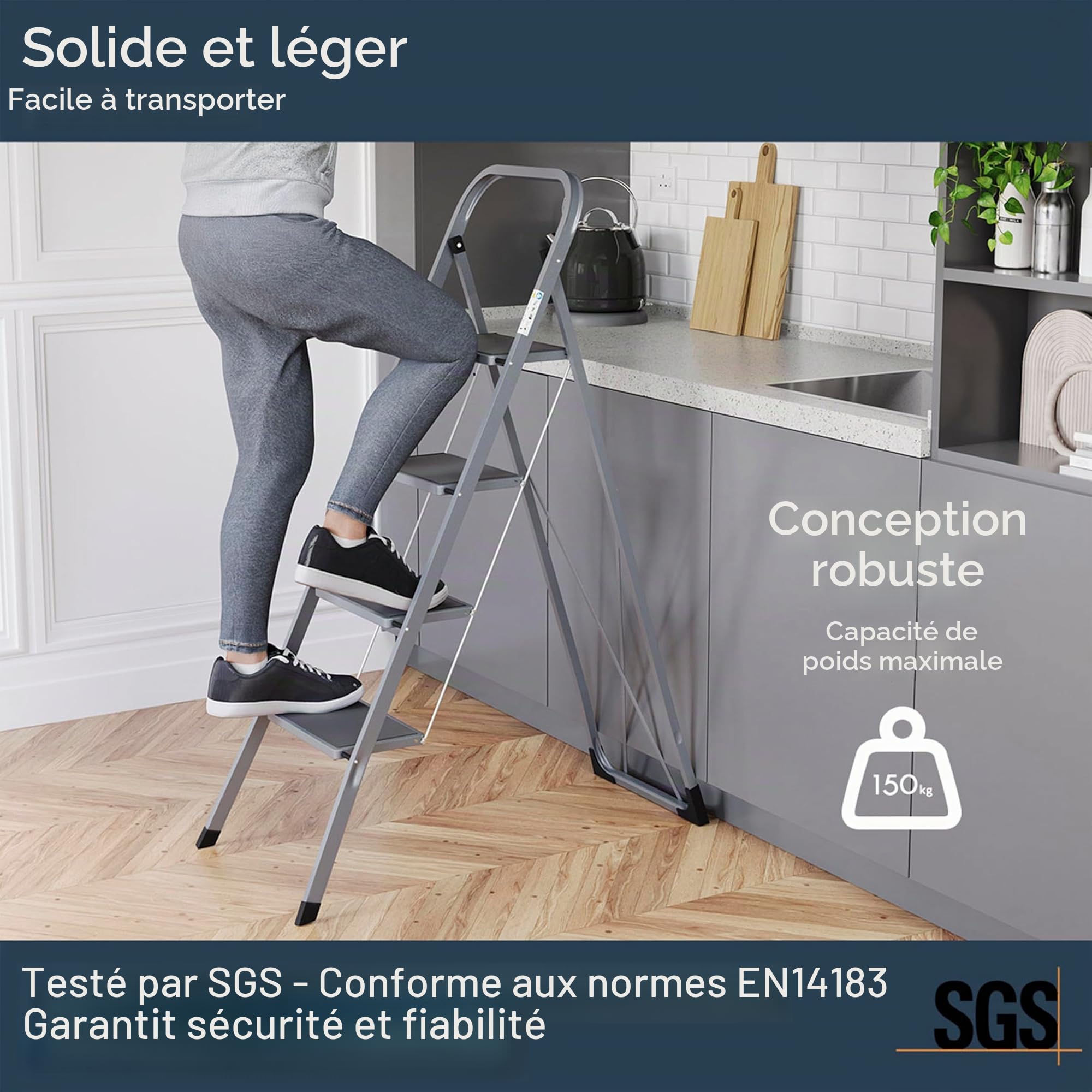 Home Vida Escabeau à 4 marches en Acier Robuste avec marches Larges et antidérapantes, Charge maximale de 150 kg, pour la Maison, la Cuisine, Le Bricolage, Le Jardin, Gris