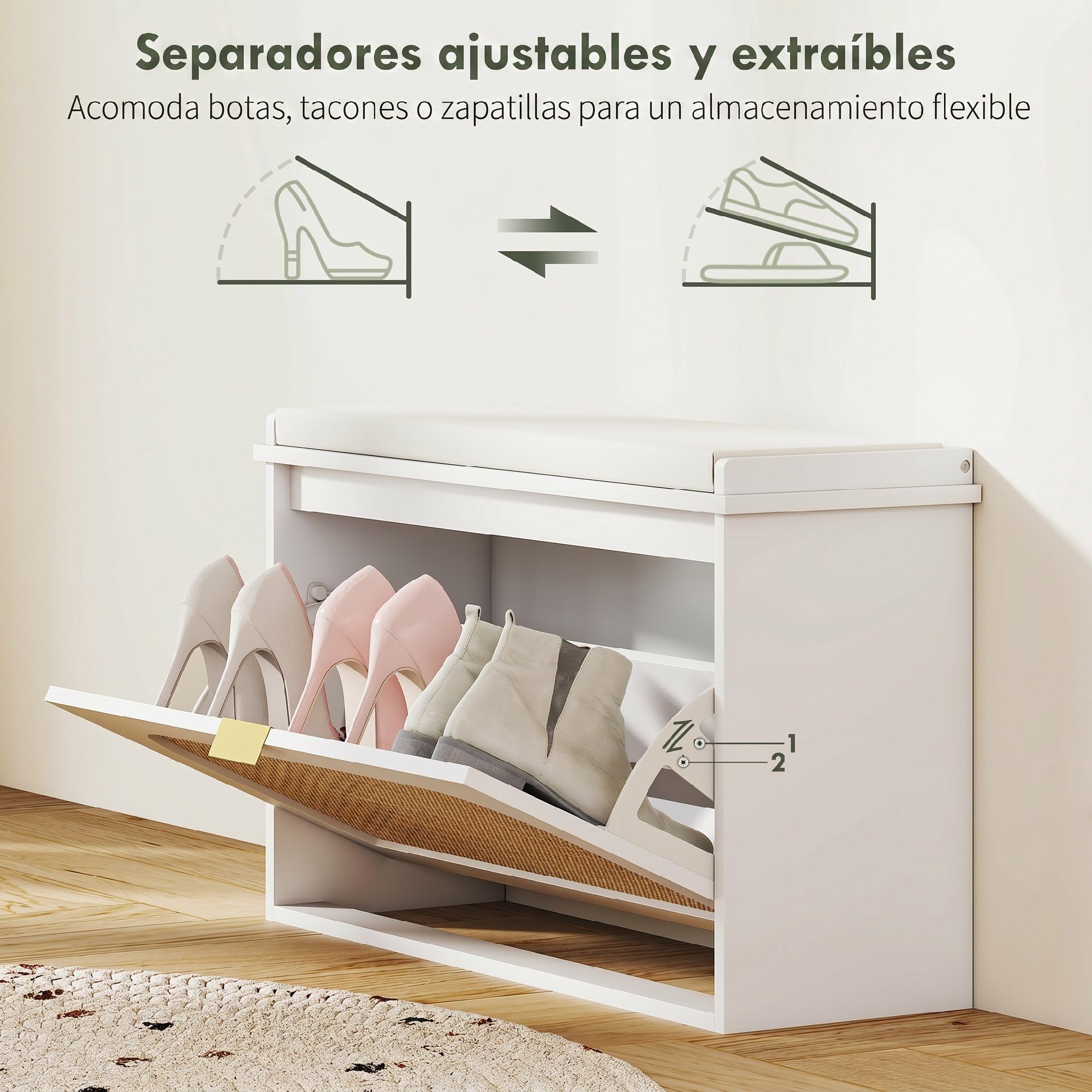 HOMCOM Banco Zapatero Boho con Asiento Acolchado 80x26x47,5 cm Blanco | Banco Recibidor Estrecho, Puerta de Ratán, Cajón Abatible, Estante Ajustable, para 8 Pares de Zapatos