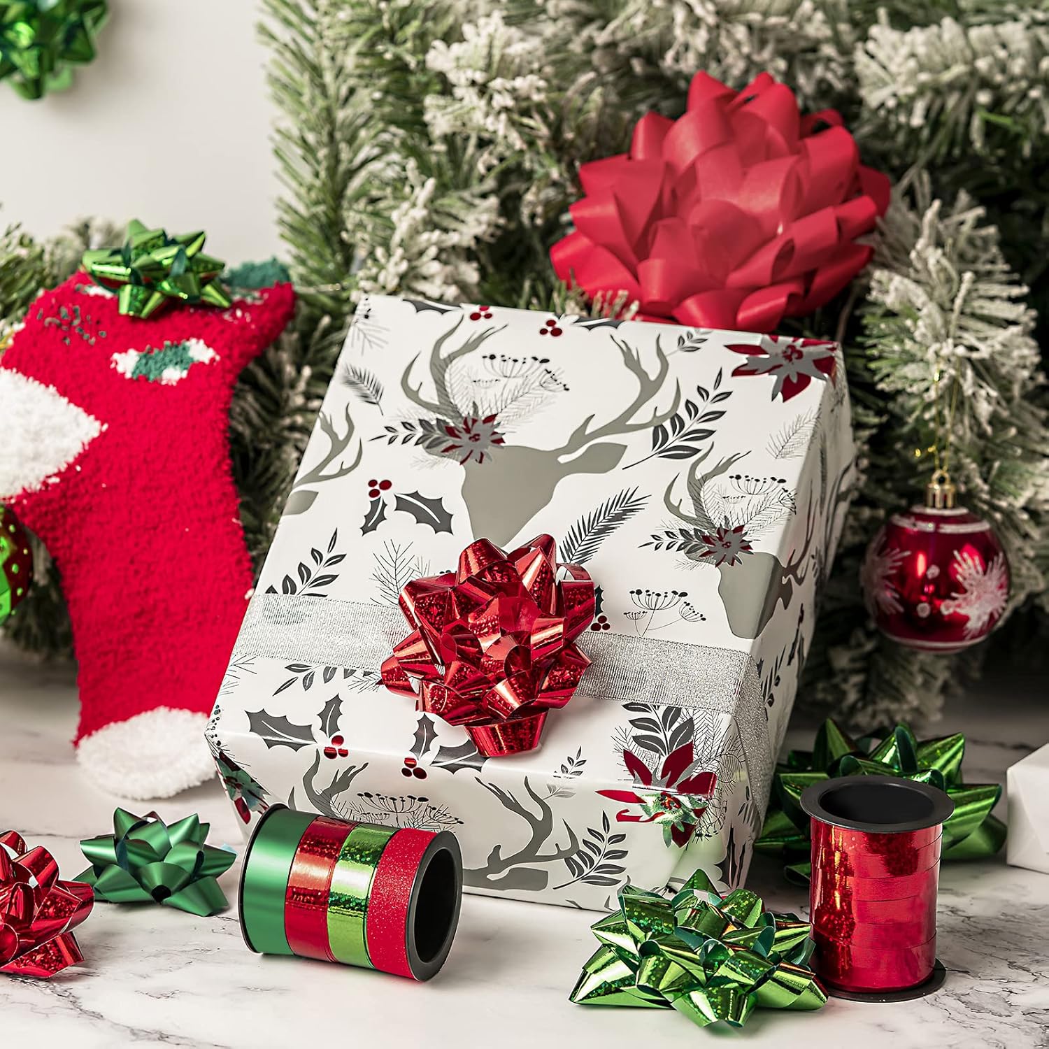 WRAPAHOLIC 16 Pcs Gift Bows Assortment - 14 Multi Colored Assorted Size Gift Bows (Holographic Red and Green) and 2 Crimped Curling Ribbons, Perfect for Christmas, Holiday, Party - Image 3