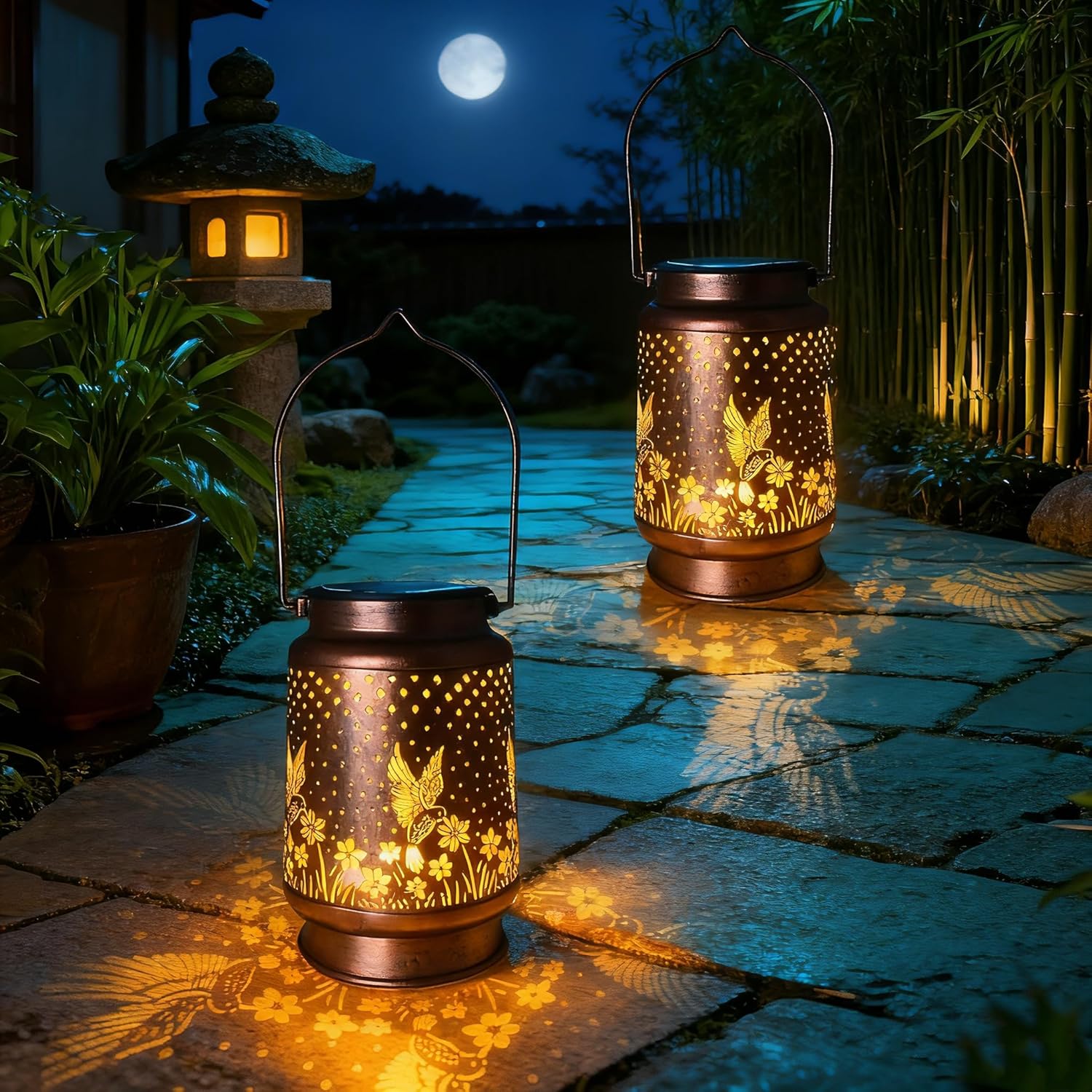 2Pcs Hummingbird Solar Lantern, Outdoor Yard Decorations Lamp Waterproof Metal Garden Patio Decor Hanging Lights for Birthday Mothers Day Women Mom Grandma Sister Friend Daughter Christma Gift Idea