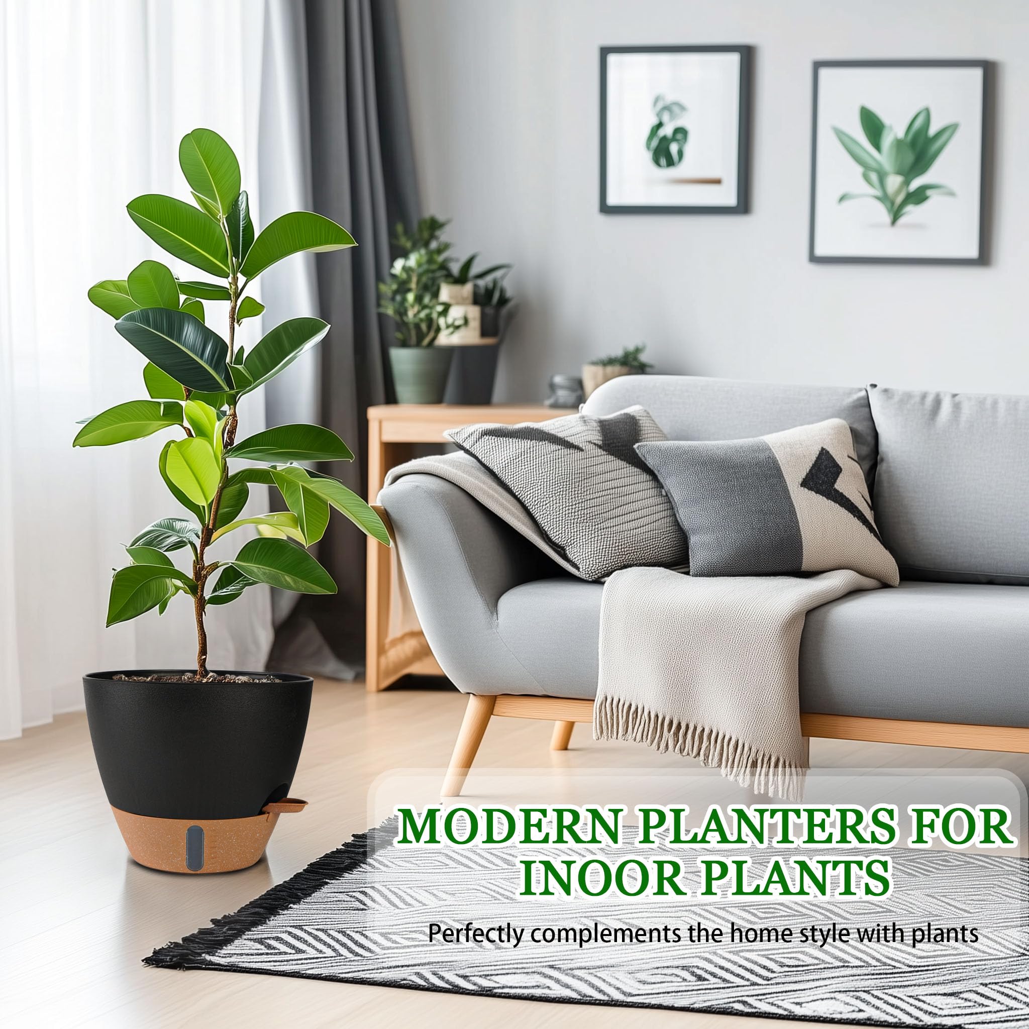 Fielda 8/10/12 Inch Self Watering Pots for Indoor/Outdoor Plants - Large Plastic Planter with Drainage Holes, Water Level Indicator & Deep Reservoir, Modern Decorative Flower Pots (Black)