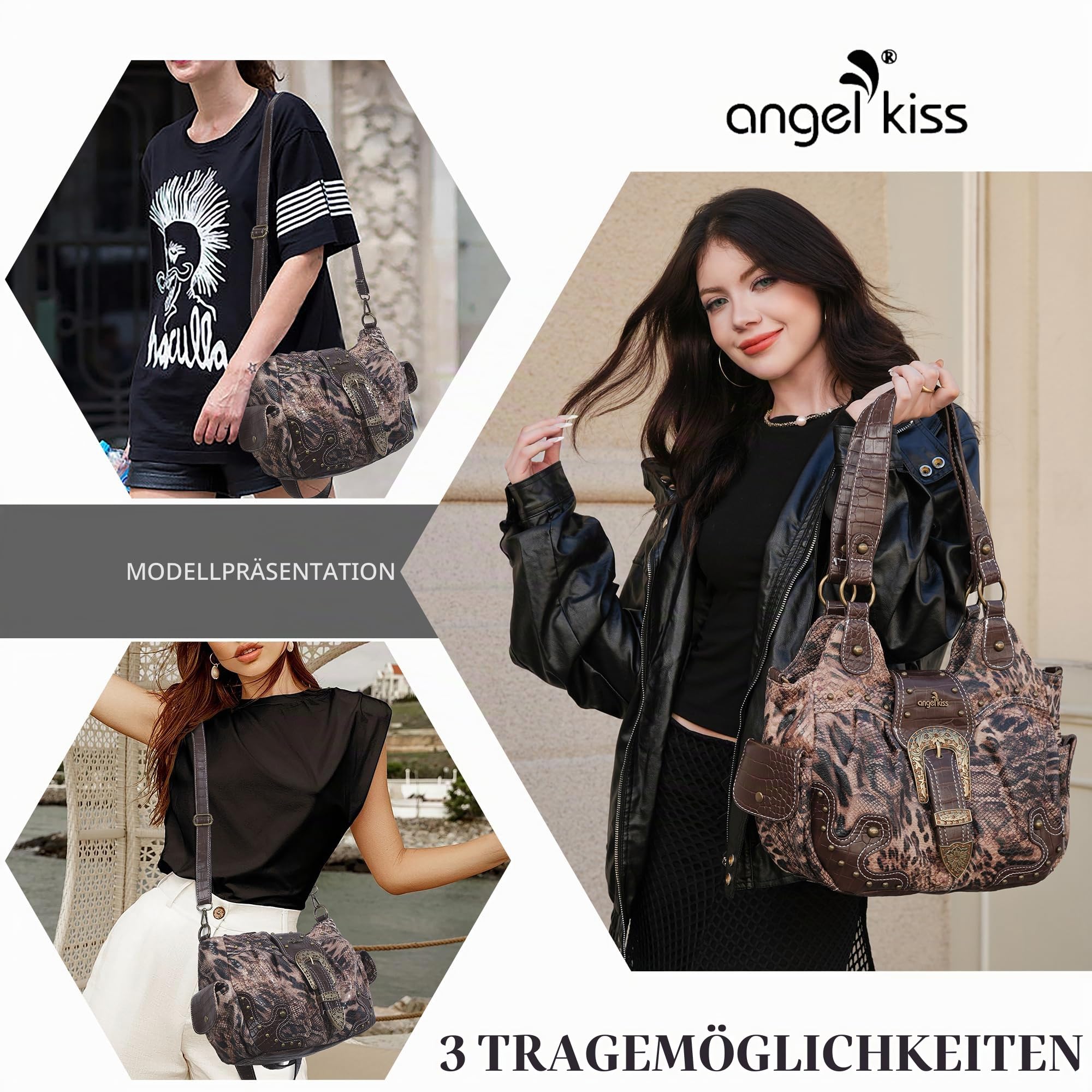 Angel Kiss Damen Handtasche Hobo Mittelgroß Shopper Weiches PU mit Metallnieten Wasserdicht Multifunktionale Reißverschluss viele Fächer Retro für Frauen Dating Party Alltag Büro Arbeit