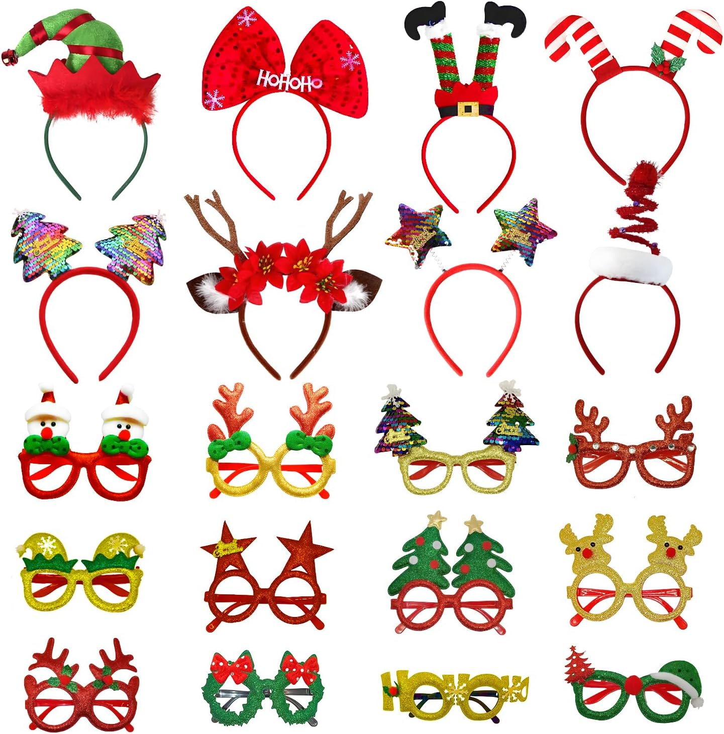 20 Pcs Christmas Headbands and Glasses Set, 12 Xmas Glasses & 8 Christmas Headbands for Photo Booth Props, Festive Party Supplies with Reindeer Xmas Tree Elf Santa Hats for Adults, Family Decor