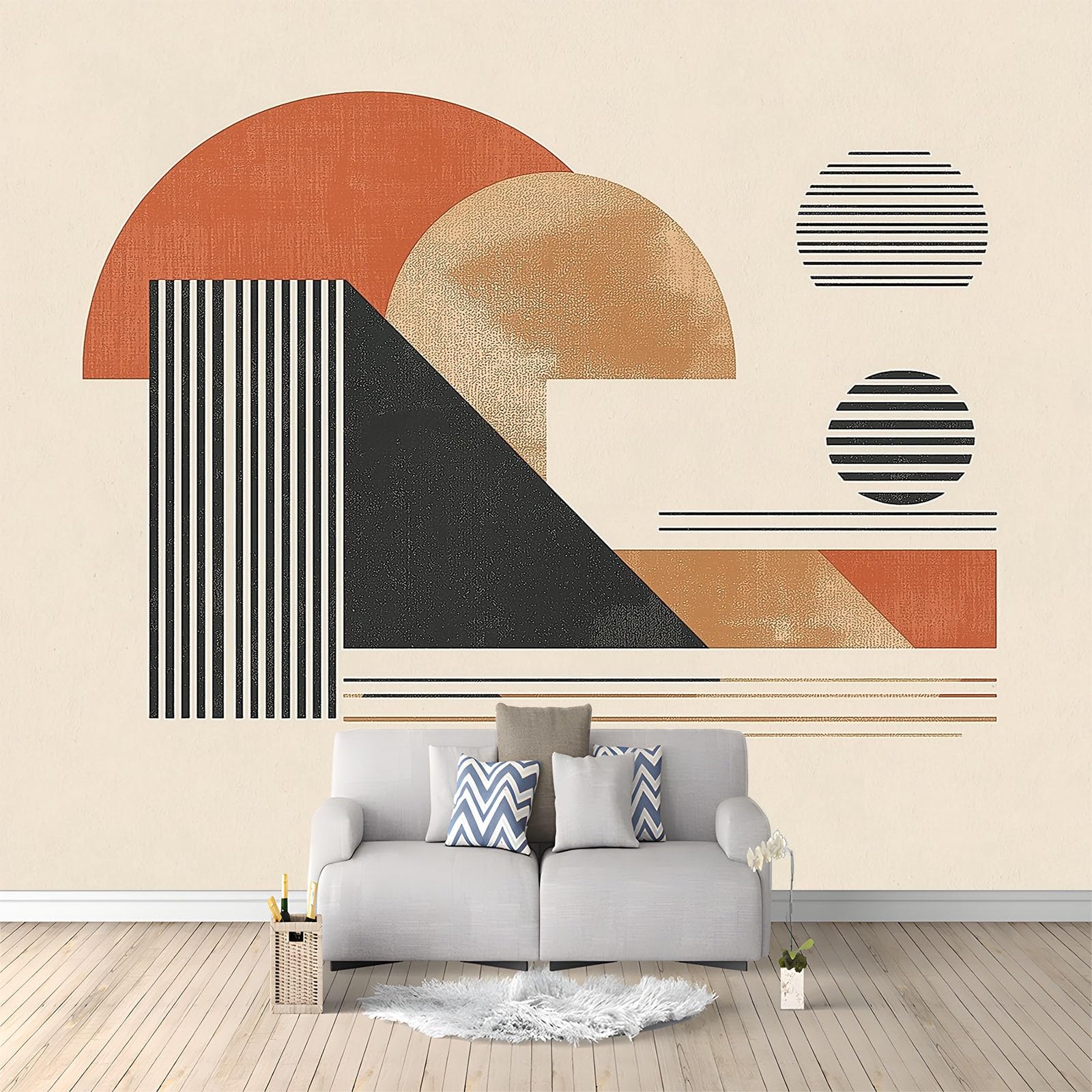 Abstrakcyjne geometryczne linie minimalistyczne 3D panoramiczna tapeta 300 x 210 cm, fototapeta z włókniny | Dekoracja ścienna Fototapeta Sypialnia Beżowa dla dzieci,