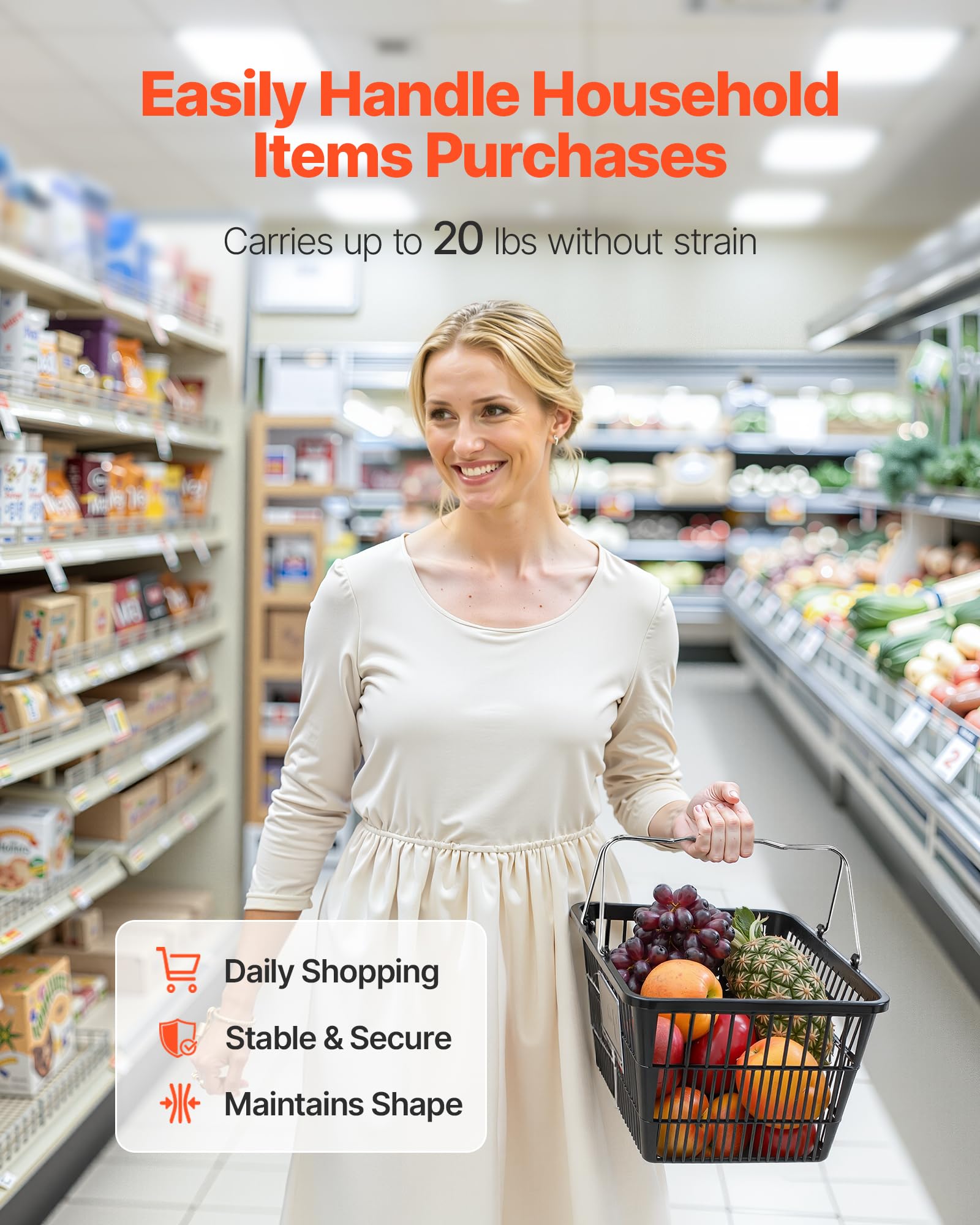VEVOR Panier de Courses Plastique 12 PCS Panier à Provisions Empilable Capacité 21 L pour Épicerie Vente au Détail Magasins Supermarchés, avec Poignées Métalliques, Maille Dense, Charge 9 kg, Noir