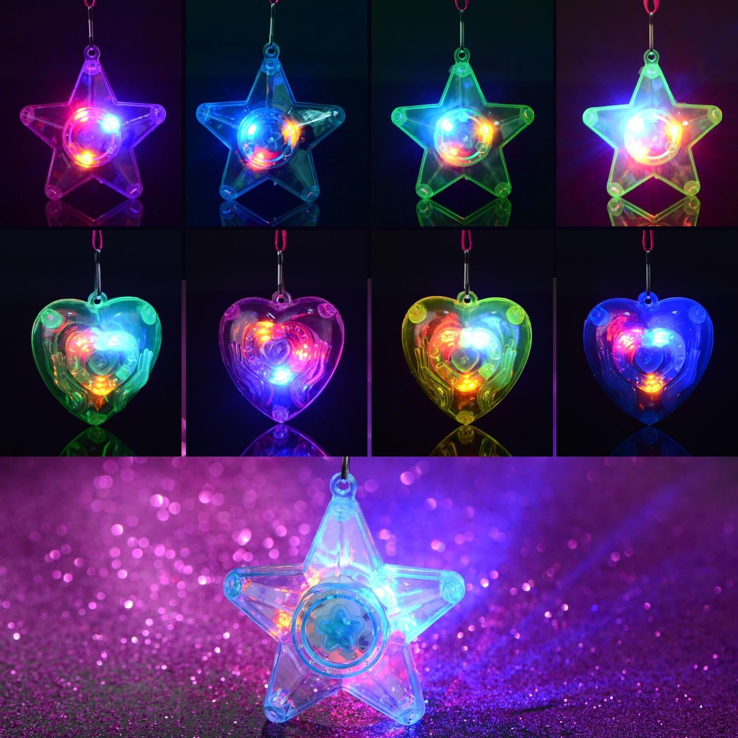 36PCS Colorful LED Sparkle Plastic Necklace and Shining Pendants (18pcs Pentacle Star and 18pcs Heart Shape)