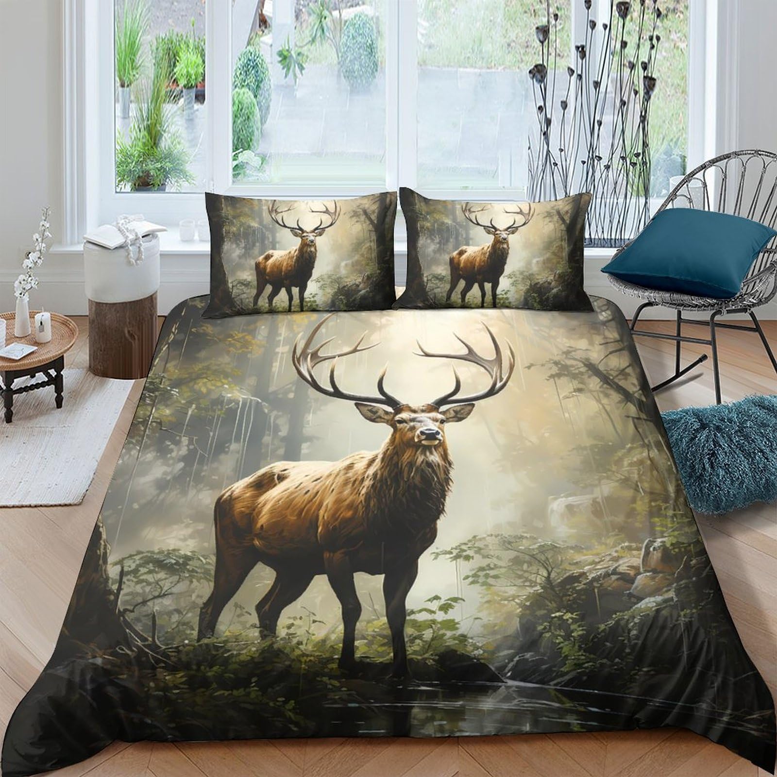 GPLZQXKJNH 3D Printed Forest Deer Duvet Cover Microfiber Soft Breathable Antler Woodland Bedding Set with 2 Pillowcases for Bedroom Decor Single（135x200cm）
