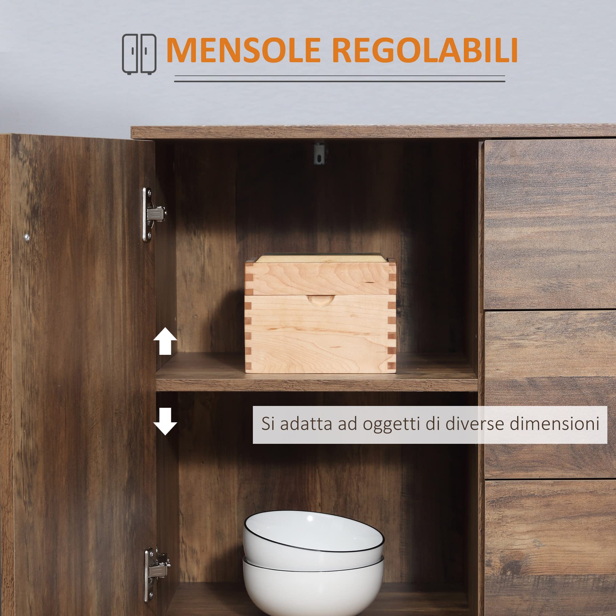 HOMCOM Credenza Moderna in Truciolato e Metallo per Cucina e Soggiorno con 2 Armadietti a 2 Ante con Ripiani Regolabili e 3 Cassetti, 120x39.5x77 cm, Marrone