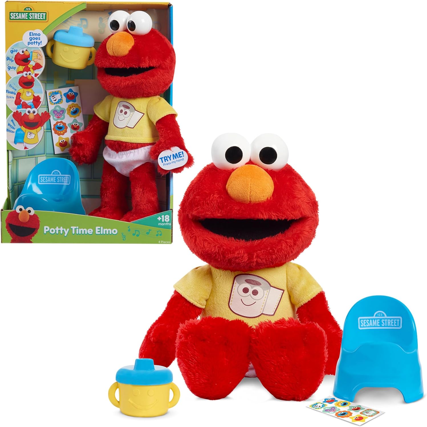 Sesame Street Potty Time Elmo 12-Inch Sustainable Plush Stuffed Animal, Sounds and Phrases, Potty Training Tool, Kids Toys for Ages 18 Month by Just Play