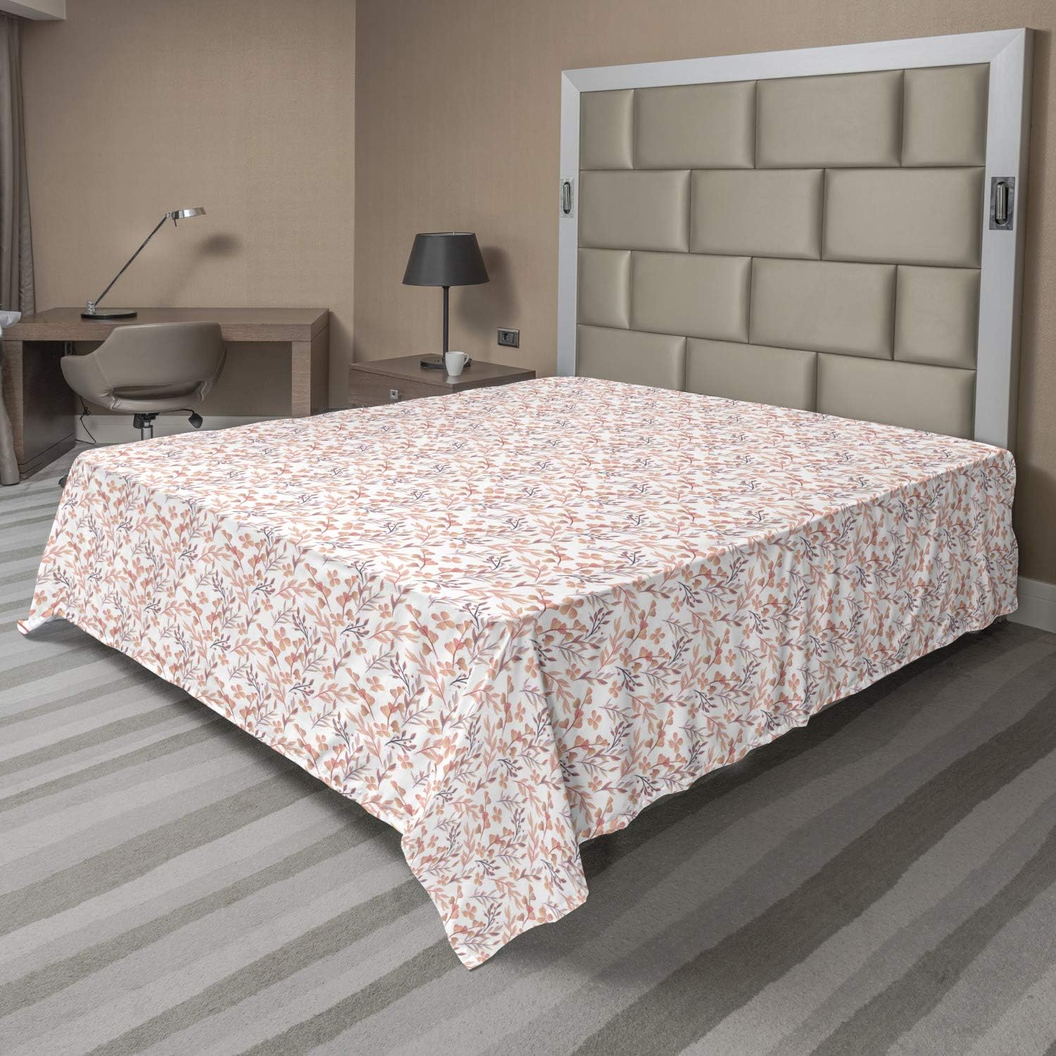 Ambesonne Floral Flat Sheet, Peachy Feminine Theme Retro Flower Naive Natural Look Repeat Pattern, Soft Comfortable Top Sheet Decorative Bedding 1 Piece, Queen Size, Peach