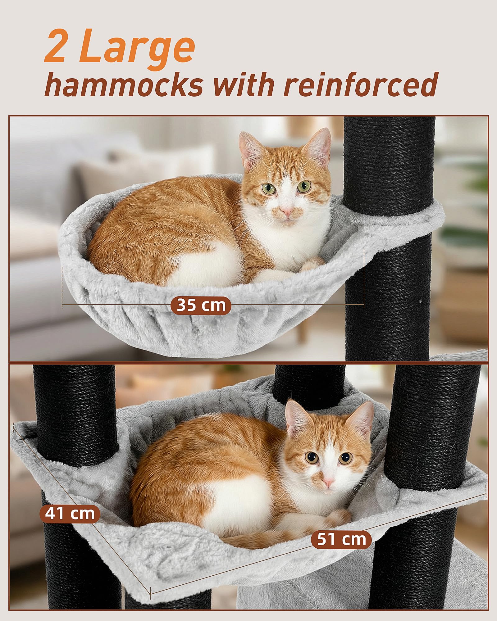 Rascador Grande, 164 cm, para Gatos Grandes, Estable con Troncos de 11 cm, 2 hamacas, 2 Plataformas de Peluche, 2 Cuevas, árbol para Gatos Grandes como Maine Coon